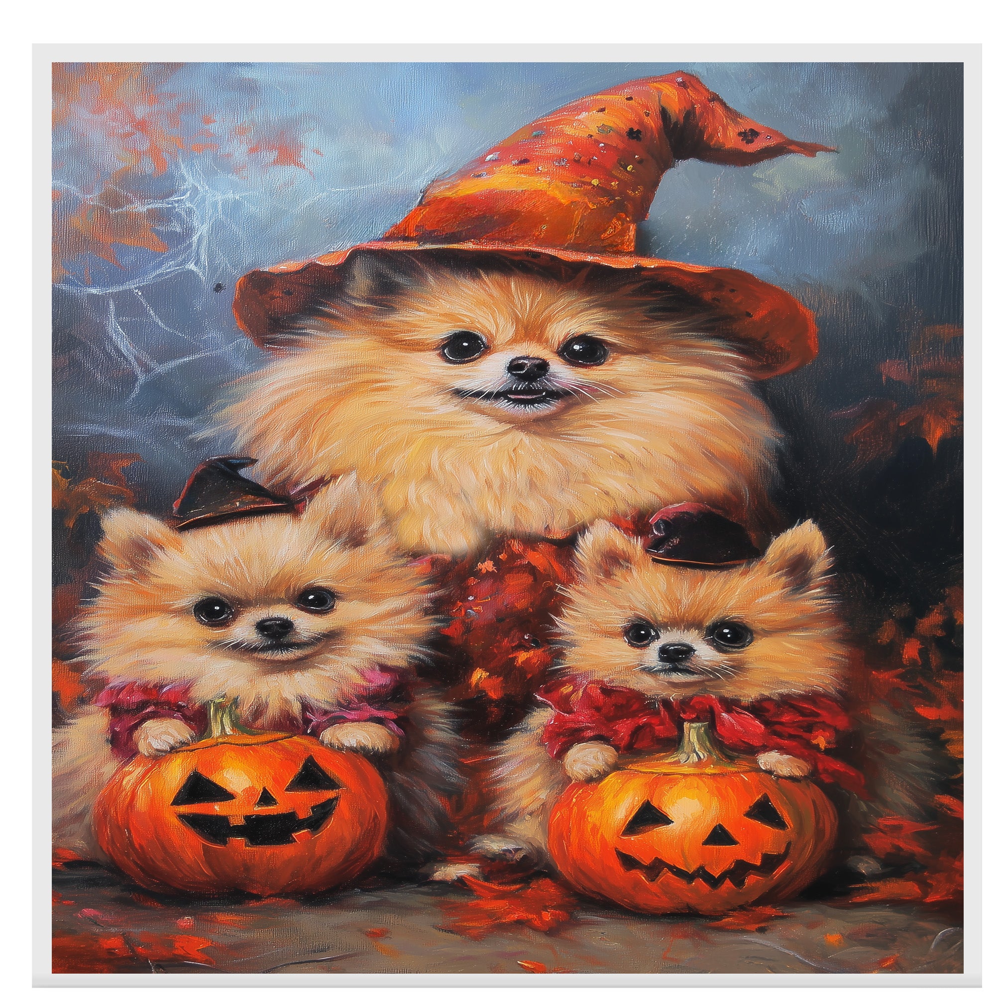 Halloween Pomeranian Dog Wall Art with Pumpkins Rustic Fall Canvas for Farmhouse Home Decor and Dog Lover Gifts on Ready to Hang 1.5" Thick Canvas Wrap, Floating Framed Canvas, Flat Rolled Canvas