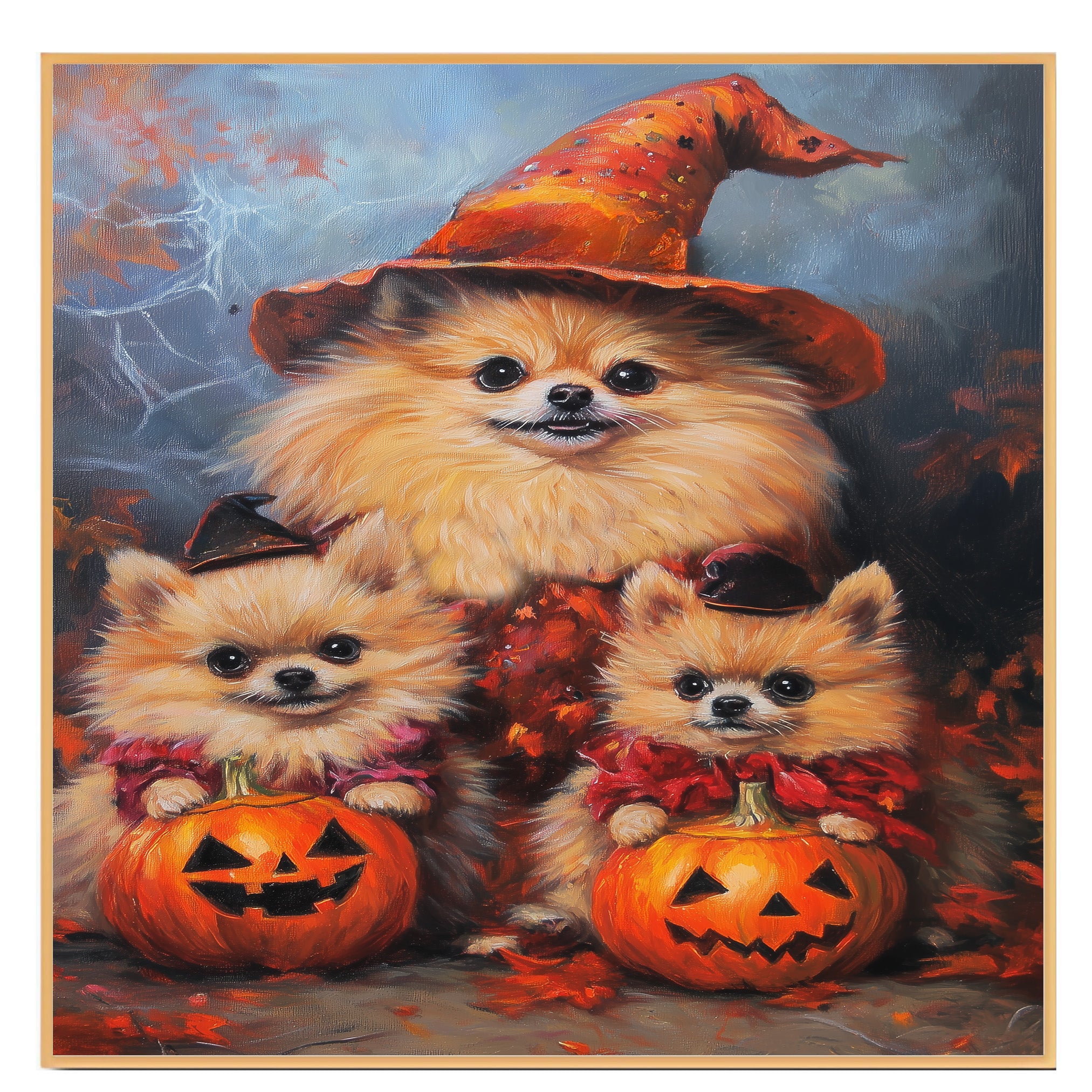 Halloween Pomeranian Dog Wall Art with Pumpkins Rustic Fall Canvas for Farmhouse Home Decor and Dog Lover Gifts on Ready to Hang 1.5" Thick Canvas Wrap, Floating Framed Canvas, Flat Rolled Canvas