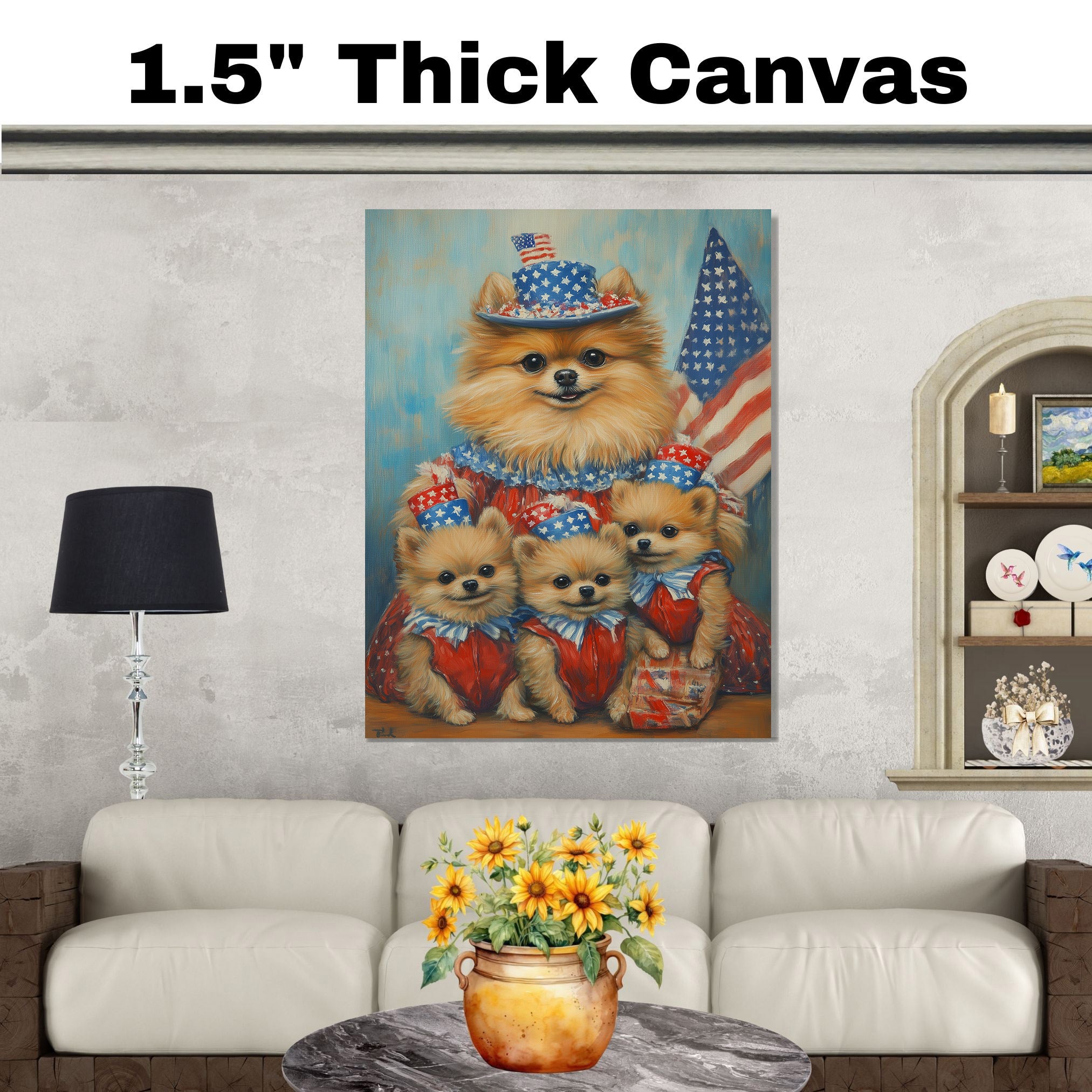 Adorable Pomeranian Dog Family in Red White and Blue Outfits Celebrating Fourth of July with American Flags and Star Hats on Ready to Hang 1.5" Thick Canvas Wrap, Floating Framed Canvas, Flat Rolled Canvas
