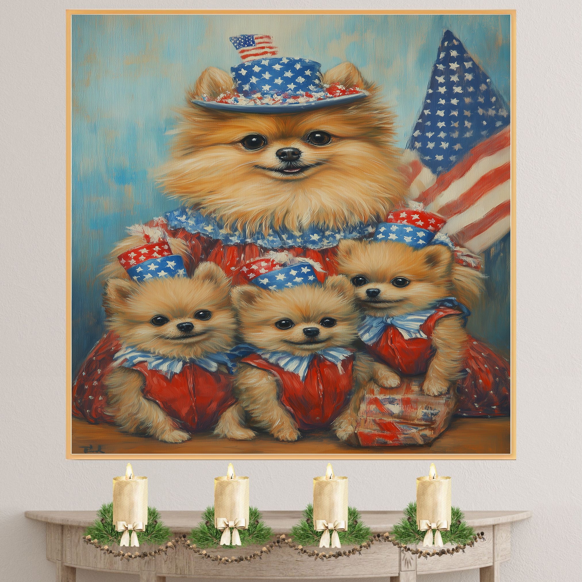 Adorable Pomeranian Dog Family in Red White and Blue Outfits Celebrating Fourth of July with American Flags and Star Hats on Ready to Hang 1.5" Thick Canvas Wrap, Floating Framed Canvas, Flat Rolled Canvas