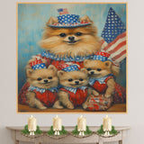 Adorable Pomeranian Dog Family in Red White and Blue Outfits Celebrating Fourth of July with American Flags and Star Hats on Ready to Hang 1.5" Thick Canvas Wrap, Floating Framed Canvas, Flat Rolled Canvas