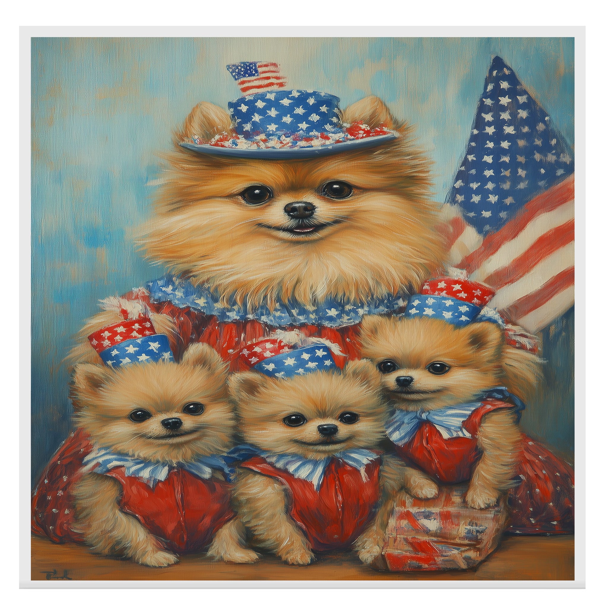 Adorable Pomeranian Dog Family in Red White and Blue Outfits Celebrating Fourth of July with American Flags and Star Hats on Ready to Hang 1.5" Thick Canvas Wrap, Floating Framed Canvas, Flat Rolled Canvas