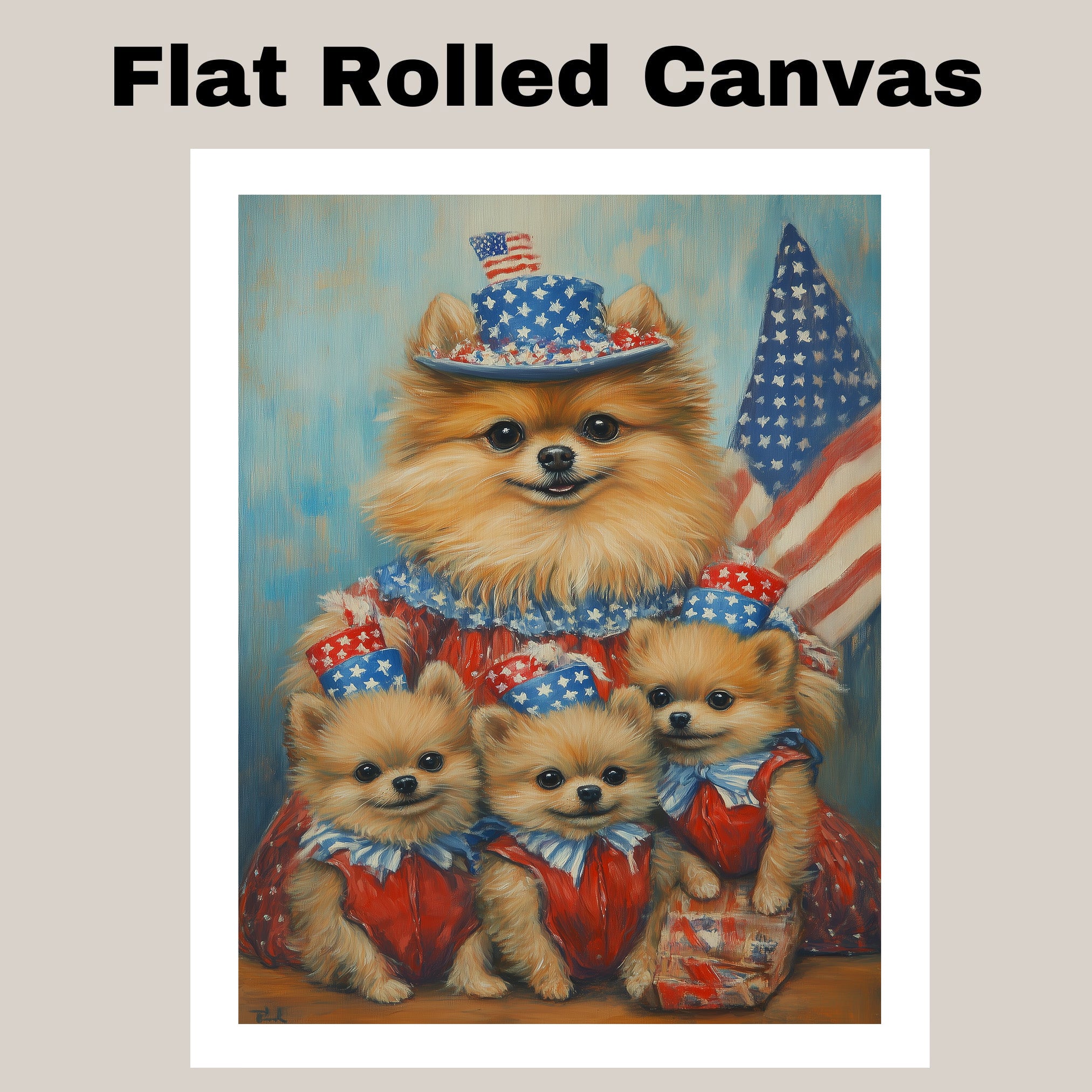 Adorable Pomeranian Dog Family in Red White and Blue Outfits Celebrating Fourth of July with American Flags and Star Hats on Ready to Hang 1.5" Thick Canvas Wrap, Floating Framed Canvas, Flat Rolled Canvas