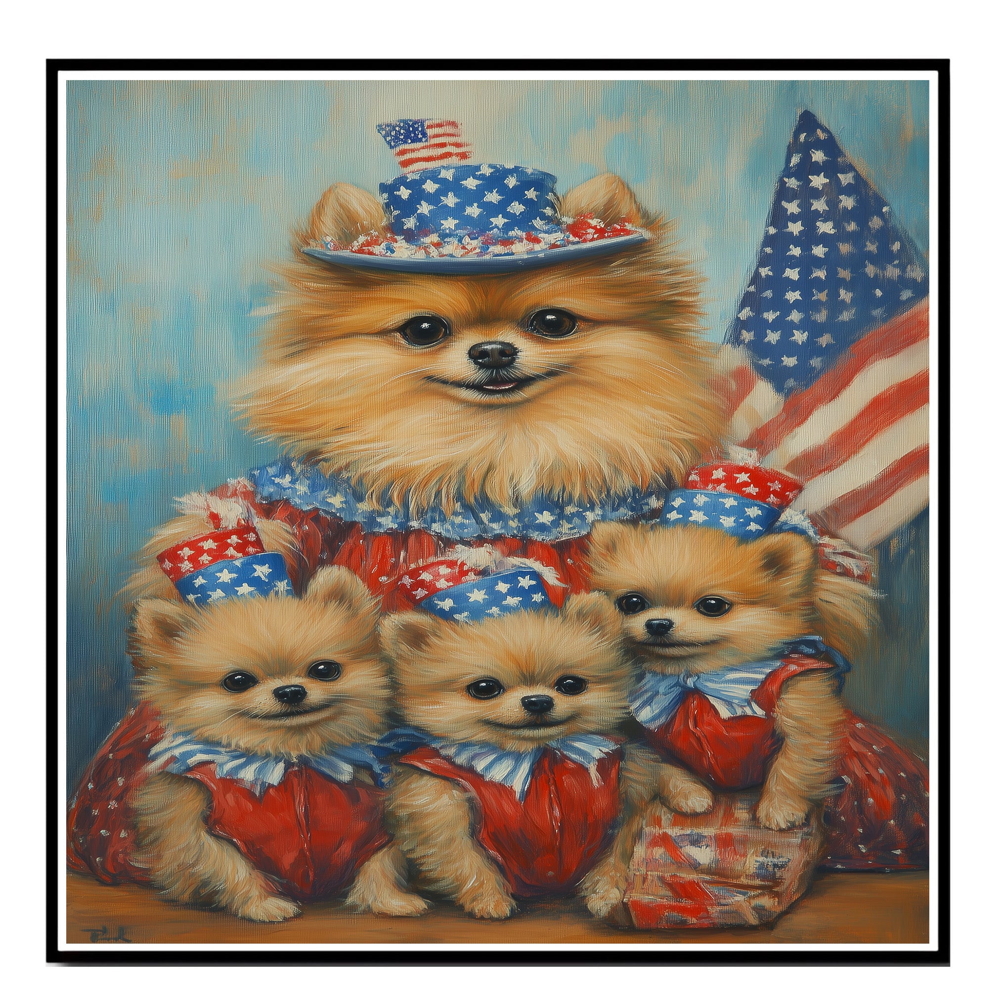 Adorable Pomeranian Dog Family in Red White and Blue Outfits Celebrating Fourth of July with American Flags and Star Hats on Ready to Hang 1.5" Thick Canvas Wrap, Floating Framed Canvas, Flat Rolled Canvas