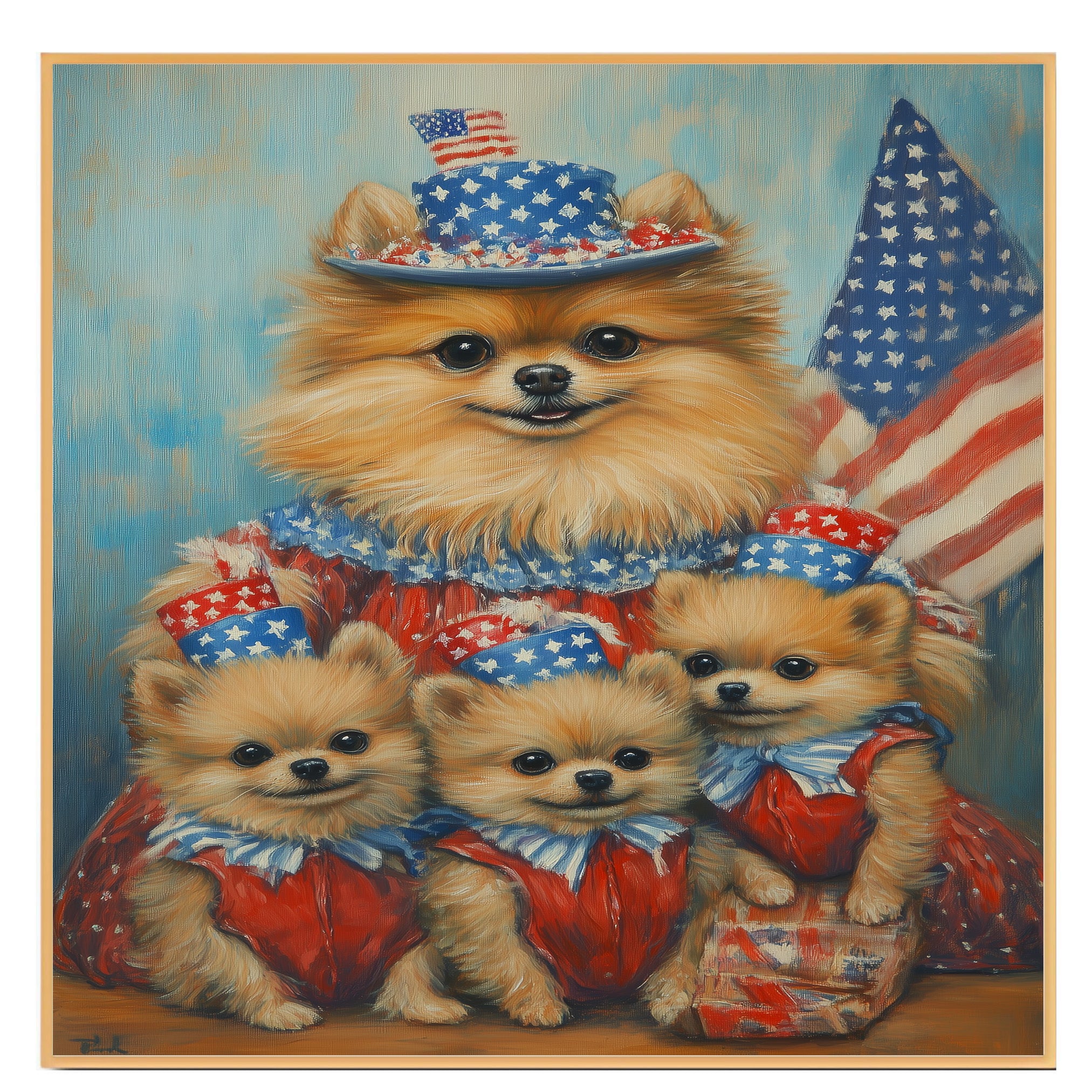 Adorable Pomeranian Dog Family in Red White and Blue Outfits Celebrating Fourth of July with American Flags and Star Hats on Ready to Hang 1.5" Thick Canvas Wrap, Floating Framed Canvas, Flat Rolled Canvas