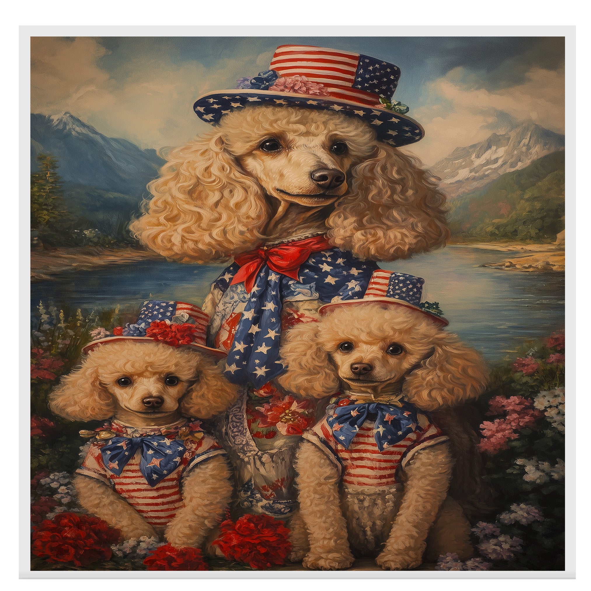 Poodle Dog Family in Patriotic American Flag Outfits and Hats by River and Mountains for Fourth of July Celebration on Ready to Hang 1.5" Thick Canvas Wrap, Floating Framed Canvas, Flat Rolled Canvas