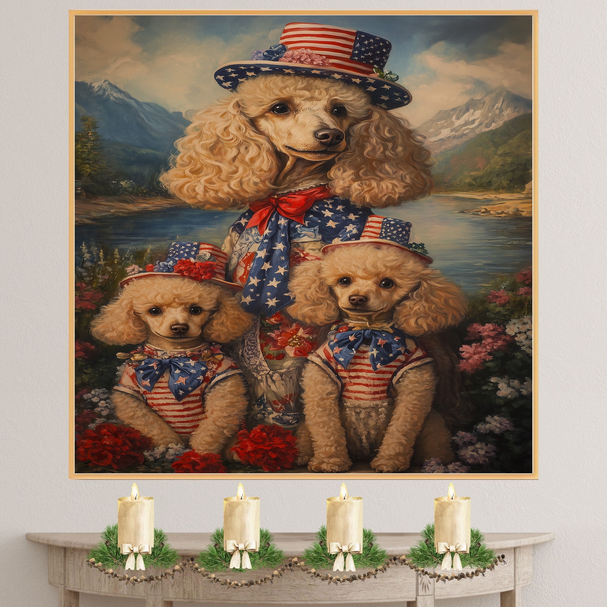 Poodle Dog Family in Patriotic American Flag Outfits and Hats by River and Mountains for Fourth of July Celebration on Ready to Hang 1.5" Thick Canvas Wrap, Floating Framed Canvas, Flat Rolled Canvas