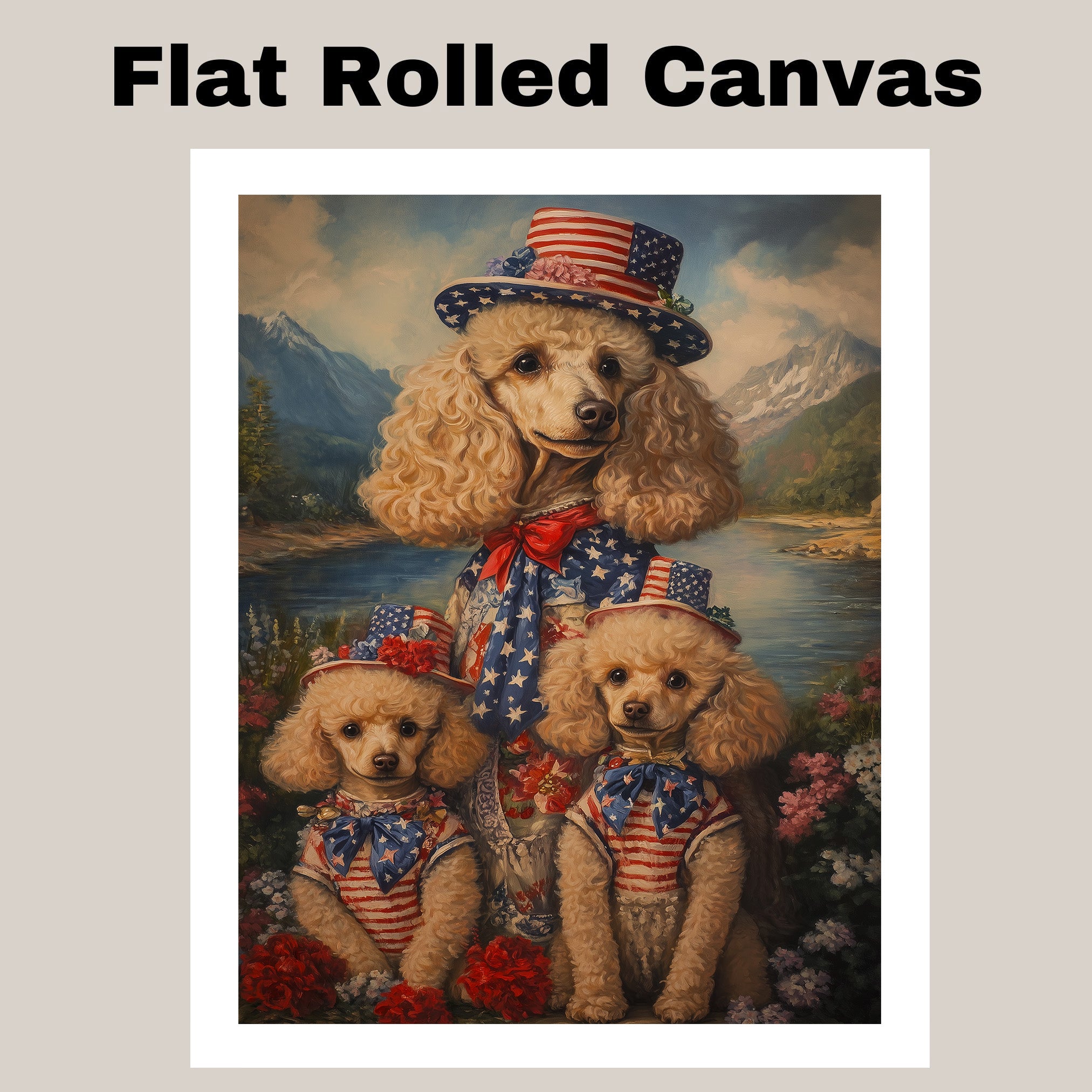 Poodle Dog Family in Patriotic American Flag Outfits and Hats by River and Mountains for Fourth of July Celebration on Ready to Hang 1.5" Thick Canvas Wrap, Floating Framed Canvas, Flat Rolled Canvas