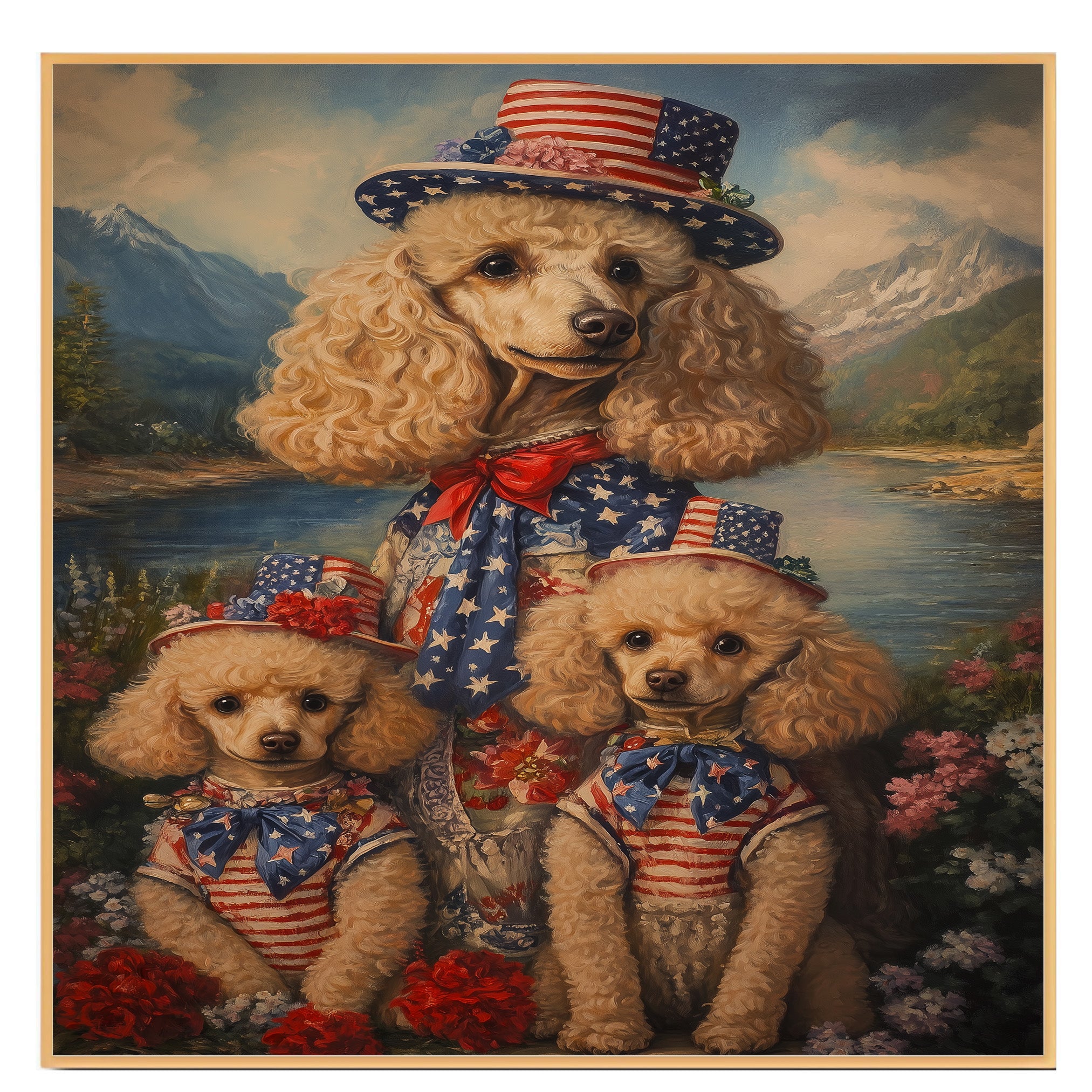 Poodle Dog Family in Patriotic American Flag Outfits and Hats by River and Mountains for Fourth of July Celebration on Ready to Hang 1.5" Thick Canvas Wrap, Floating Framed Canvas, Flat Rolled Canvas
