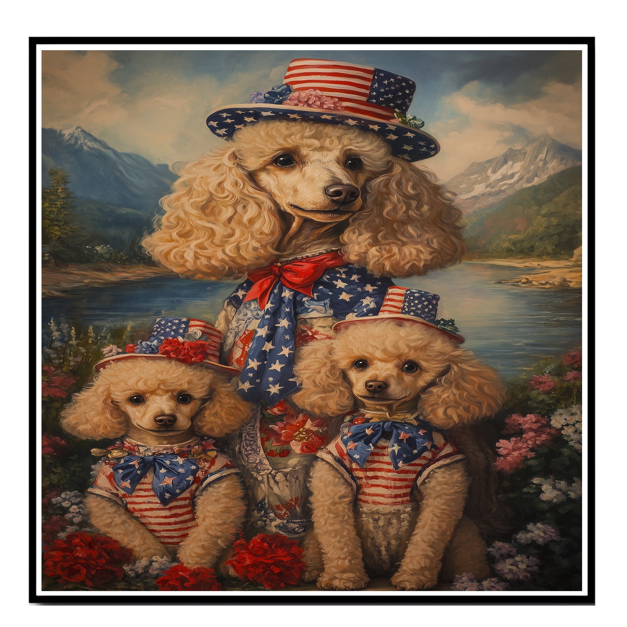Poodle Dog Family in Patriotic American Flag Outfits and Hats by River and Mountains for Fourth of July Celebration on Ready to Hang 1.5" Thick Canvas Wrap, Floating Framed Canvas, Flat Rolled Canvas