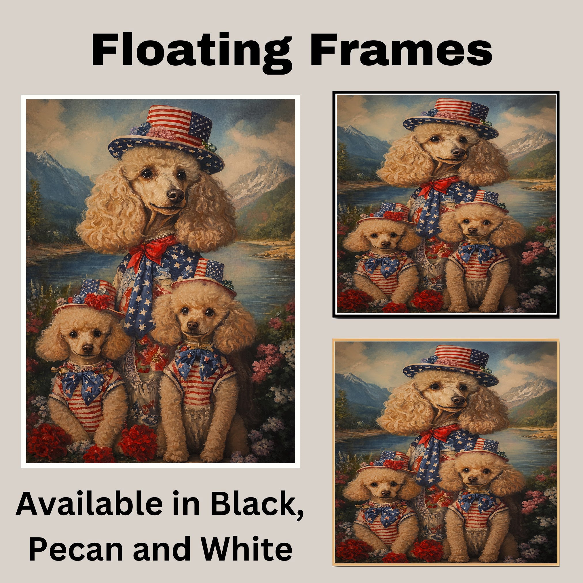 Poodle Dog Family in Patriotic American Flag Outfits and Hats by River and Mountains for Fourth of July Celebration on Ready to Hang 1.5" Thick Canvas Wrap, Floating Framed Canvas, Flat Rolled Canvas