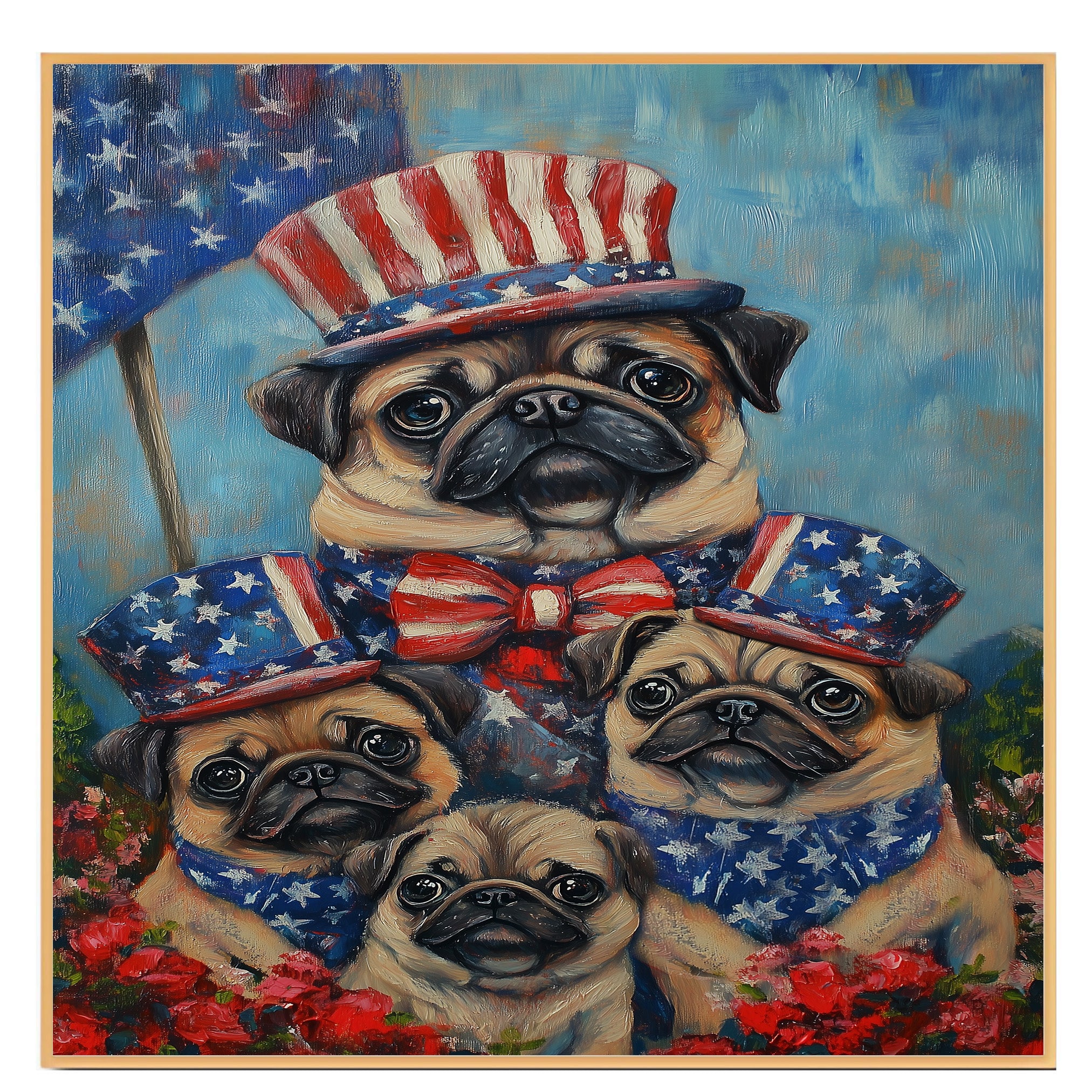 Pug Dog Family in Patriotic Outfits and Hats with American Flag Backdrop for Fourth of July Celebration on Ready to Hang 1.5" Thick Canvas Wrap, Floating Framed Canvas, Flat Rolled Canvas