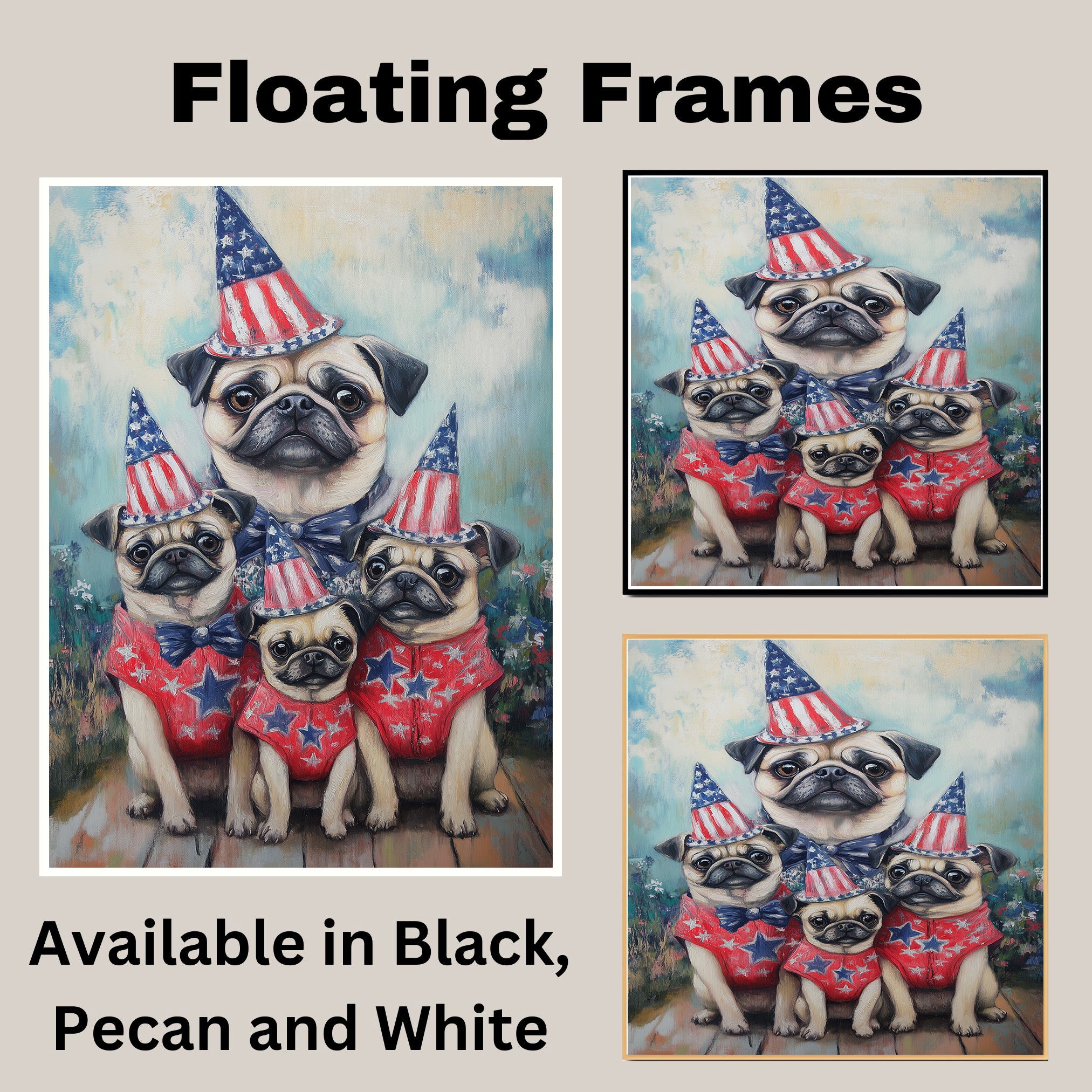 Patriotic Pug Dog Family in Star-Patterned Red Outfits and Party Hats Celebrating Fourth of July Festivities on Ready to Hang 1.5" Thick Canvas Wrap, Floating Framed Canvas, Flat Rolled Canvas