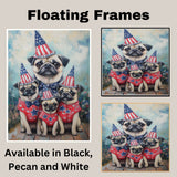 Patriotic Pug Dog Family in Star-Patterned Red Outfits and Party Hats Celebrating Fourth of July Festivities on Ready to Hang 1.5" Thick Canvas Wrap, Floating Framed Canvas, Flat Rolled Canvas