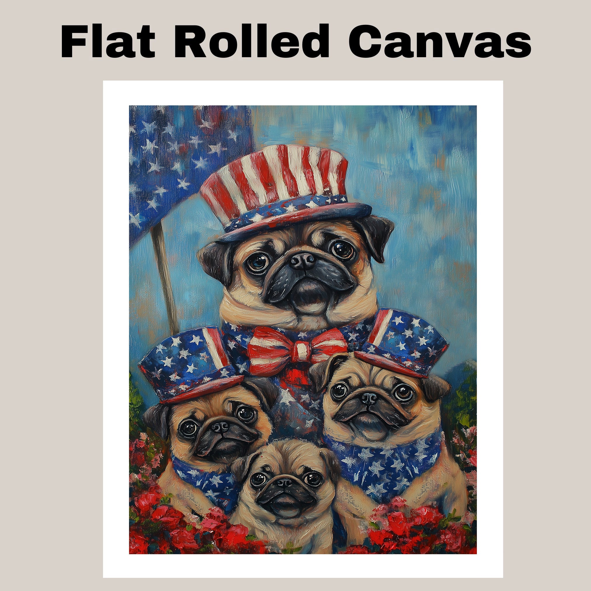 Pug Dog Family in Patriotic Outfits and Hats with American Flag Backdrop for Fourth of July Celebration on Ready to Hang 1.5" Thick Canvas Wrap, Floating Framed Canvas, Flat Rolled Canvas