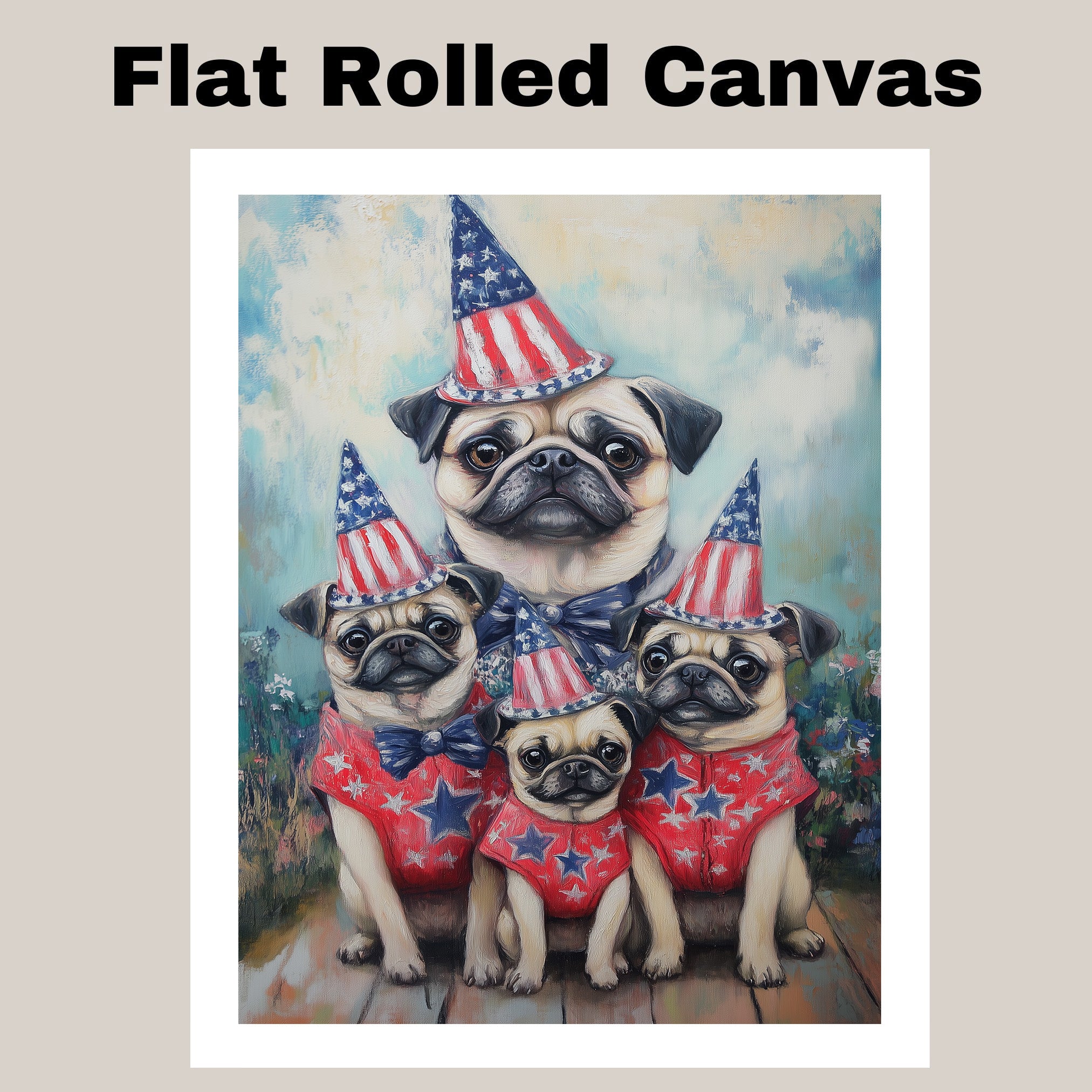 Patriotic Pug Dog Family in Star-Patterned Red Outfits and Party Hats Celebrating Fourth of July Festivities on Ready to Hang 1.5" Thick Canvas Wrap, Floating Framed Canvas, Flat Rolled Canvas