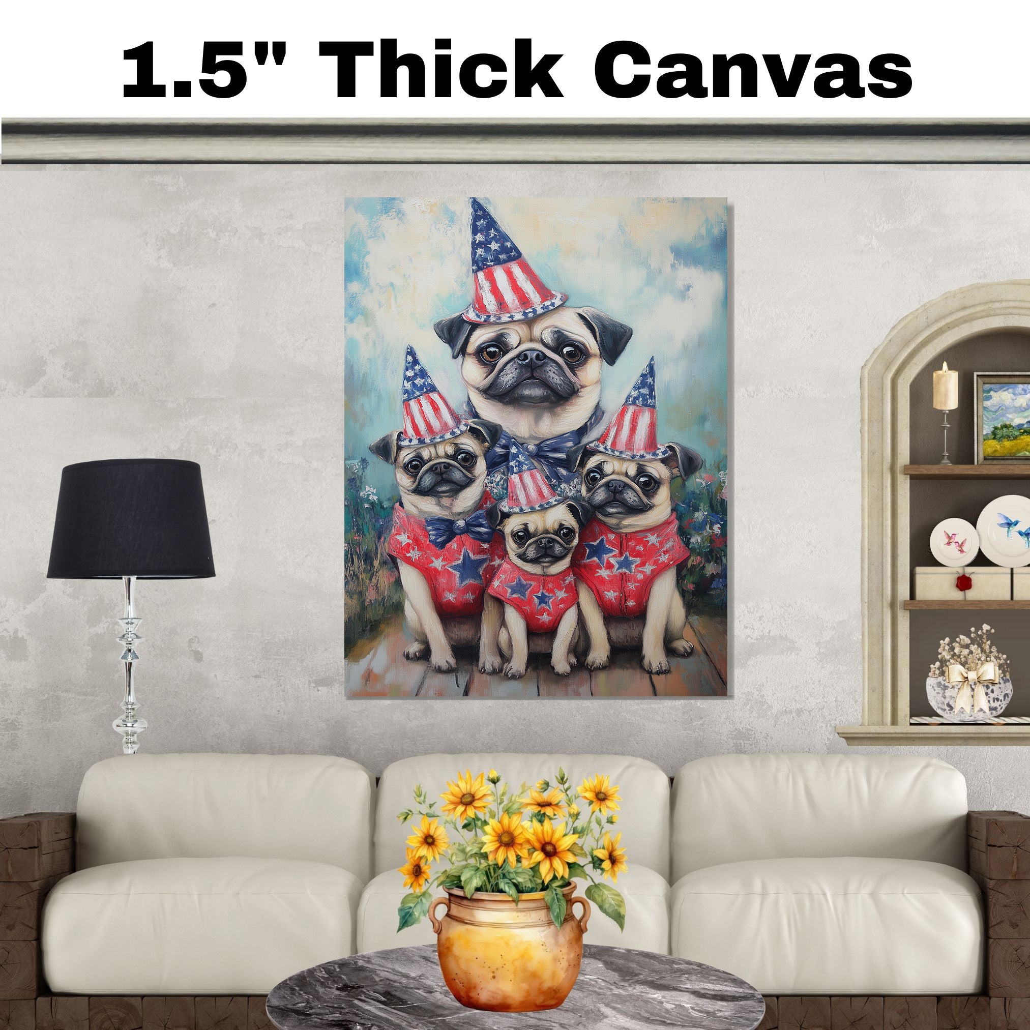 Patriotic Pug Dog Family in Star-Patterned Red Outfits and Party Hats Celebrating Fourth of July Festivities on Ready to Hang 1.5" Thick Canvas Wrap, Floating Framed Canvas, Flat Rolled Canvas