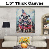 Patriotic Pug Dog Family in Star-Patterned Red Outfits and Party Hats Celebrating Fourth of July Festivities on Ready to Hang 1.5" Thick Canvas Wrap, Floating Framed Canvas, Flat Rolled Canvas