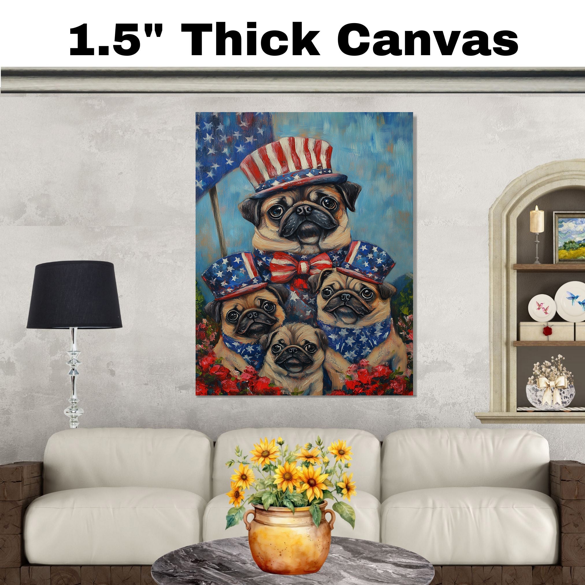 Pug Dog Family in Patriotic Outfits and Hats with American Flag Backdrop for Fourth of July Celebration on Ready to Hang 1.5" Thick Canvas Wrap, Floating Framed Canvas, Flat Rolled Canvas