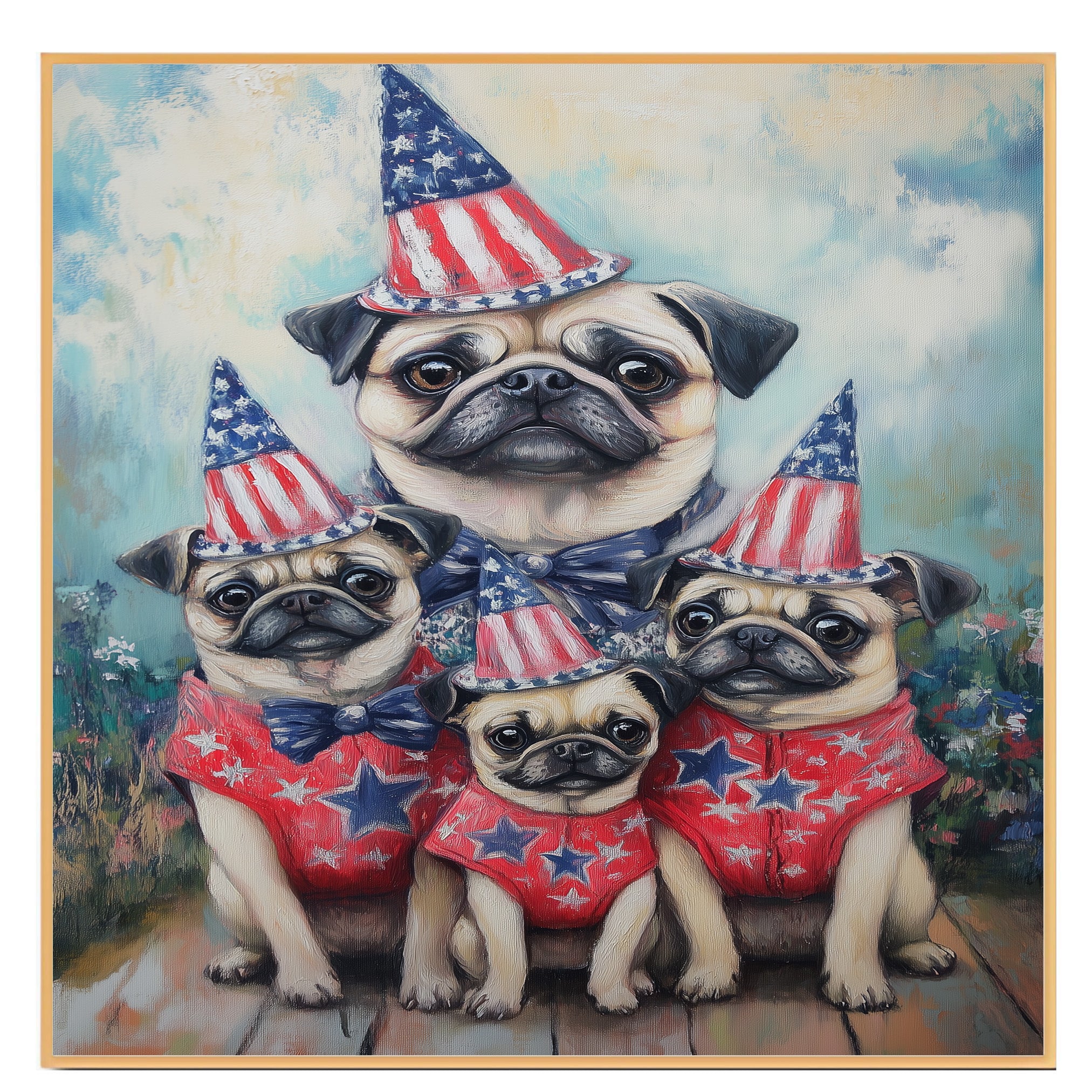 Patriotic Pug Dog Family in Star-Patterned Red Outfits and Party Hats Celebrating Fourth of July Festivities on Ready to Hang 1.5" Thick Canvas Wrap, Floating Framed Canvas, Flat Rolled Canvas