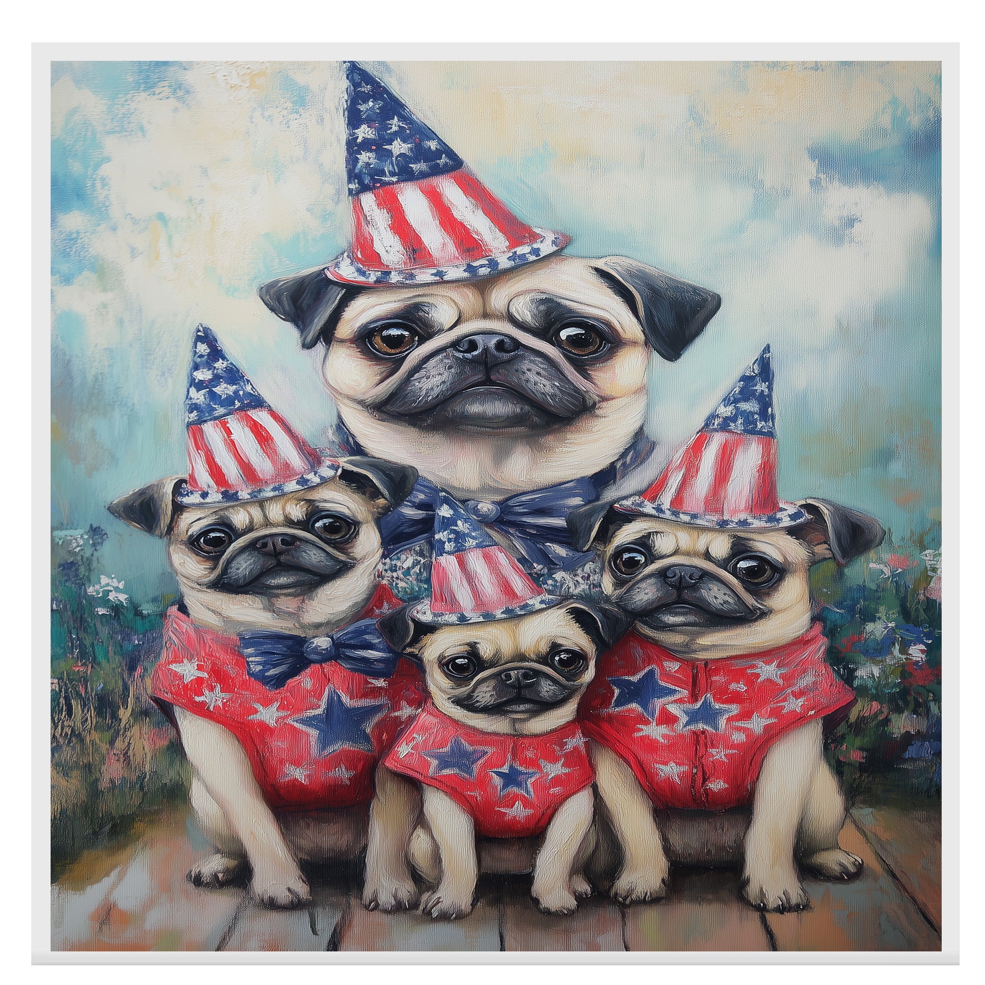 Patriotic Pug Dog Family in Star-Patterned Red Outfits and Party Hats Celebrating Fourth of July Festivities on Ready to Hang 1.5" Thick Canvas Wrap, Floating Framed Canvas, Flat Rolled Canvas