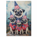 Patriotic Pug Dog Family in Star-Patterned Red Outfits and Party Hats Celebrating Fourth of July Festivities on Ready to Hang 1.5" Thick Canvas Wrap, Floating Framed Canvas, Flat Rolled Canvas