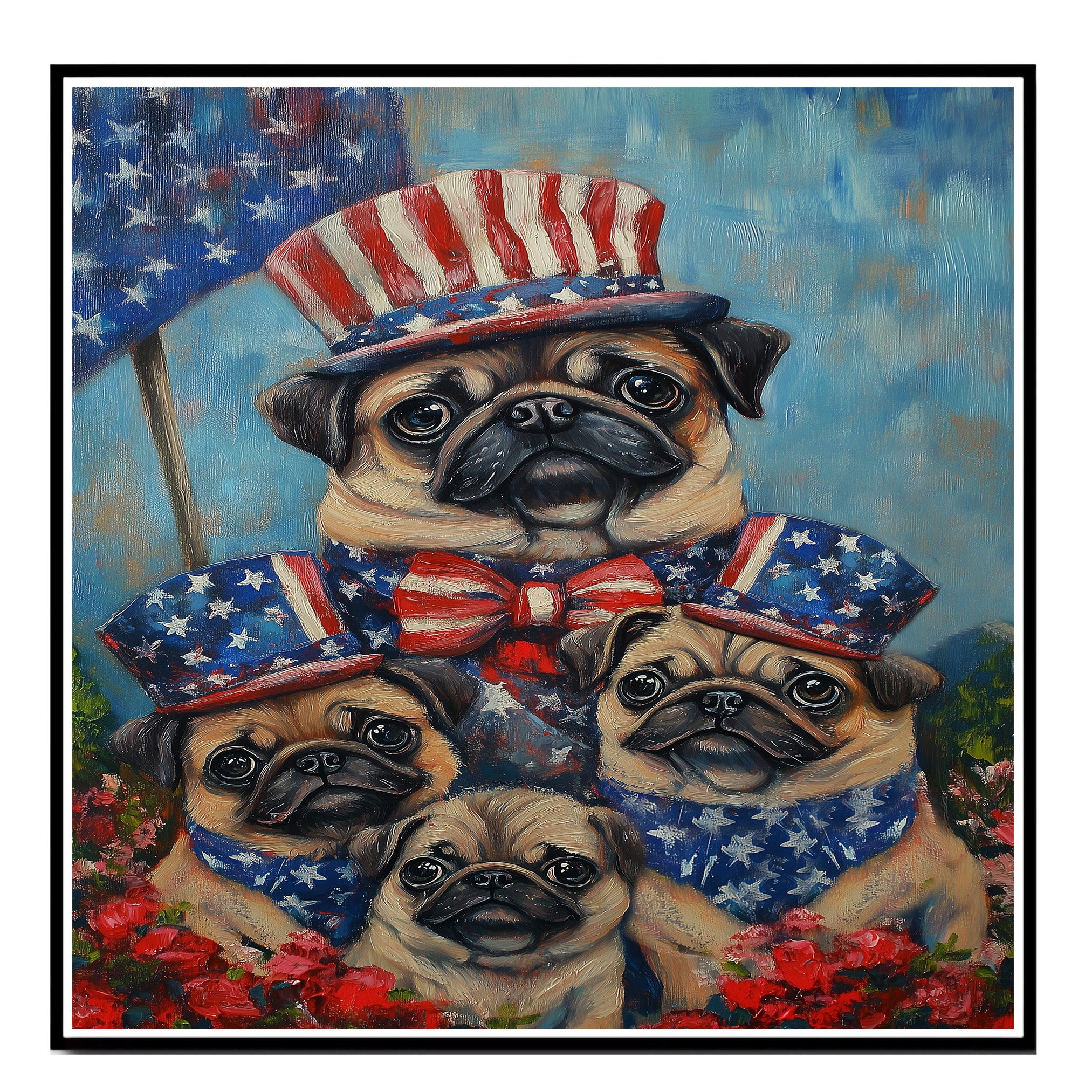 Pug Dog Family in Patriotic Outfits and Hats with American Flag Backdrop for Fourth of July Celebration on Ready to Hang 1.5" Thick Canvas Wrap, Floating Framed Canvas, Flat Rolled Canvas