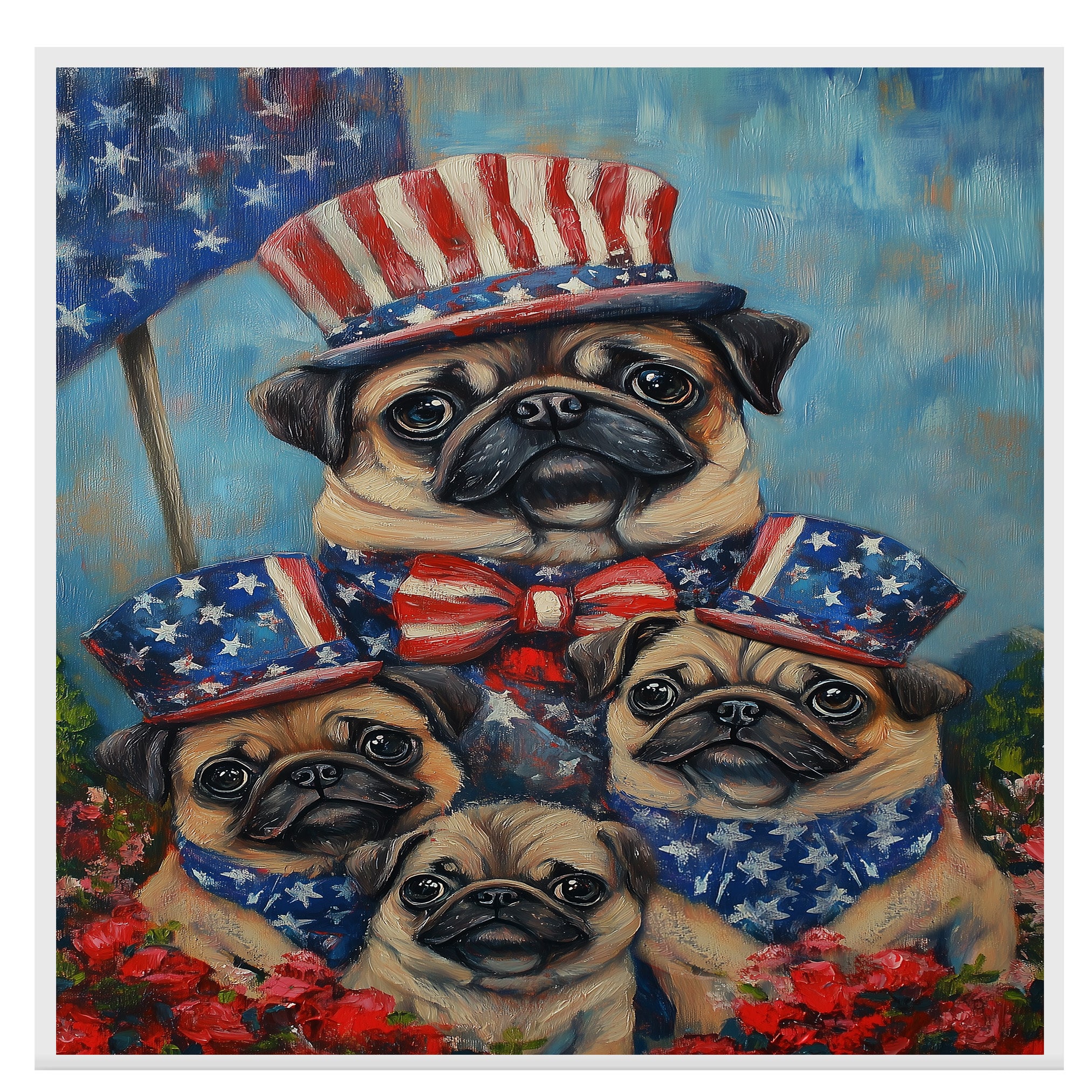 Pug Dog Family in Patriotic Outfits and Hats with American Flag Backdrop for Fourth of July Celebration on Ready to Hang 1.5" Thick Canvas Wrap, Floating Framed Canvas, Flat Rolled Canvas