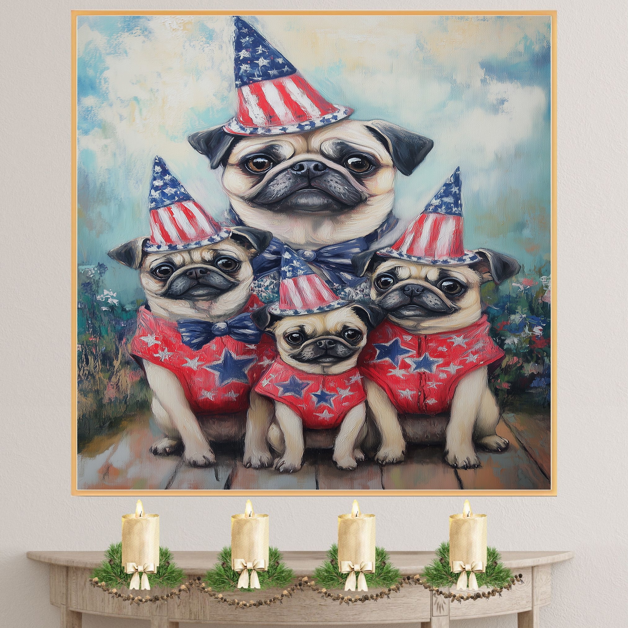 Patriotic Pug Dog Family in Star-Patterned Red Outfits and Party Hats Celebrating Fourth of July Festivities on Ready to Hang 1.5" Thick Canvas Wrap, Floating Framed Canvas, Flat Rolled Canvas