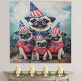 Patriotic Pug Dog Family in Star-Patterned Red Outfits and Party Hats Celebrating Fourth of July Festivities on Ready to Hang 1.5" Thick Canvas Wrap, Floating Framed Canvas, Flat Rolled Canvas