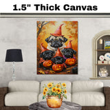 Rustic Pug Dog Halloween Canvas Wall Art with Pumpkins and Fall Lights Cozy Autumn Farmhouse Decor for Pet Lovers and Dog Moms on Ready to Hang 1.5" Thick Canvas Wrap, Floating Framed Canvas, Flat Rolled Canvas