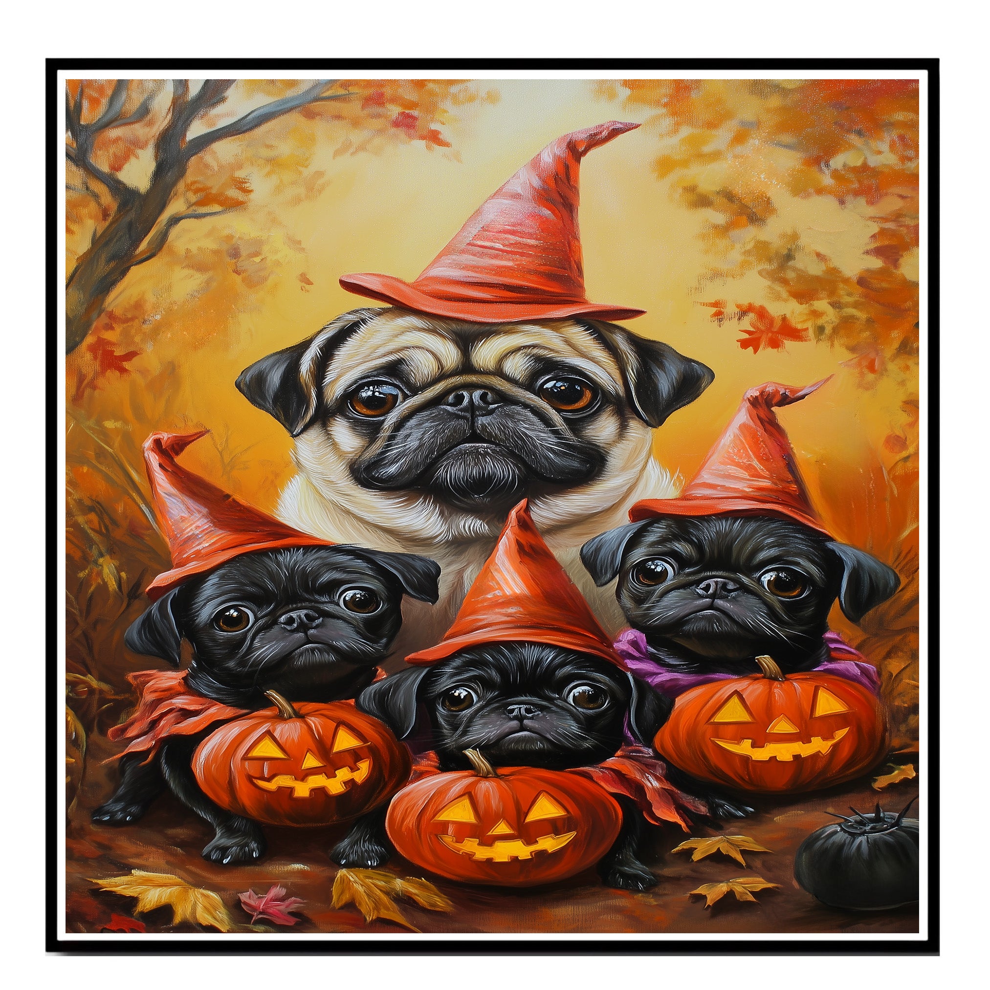 Rustic Pug Dog Halloween Canvas Wall Art with Pumpkins and Fall Lights Cozy Autumn Farmhouse Decor for Pet Lovers and Dog Moms on Ready to Hang 1.5" Thick Canvas Wrap, Floating Framed Canvas, Flat Rolled Canvas