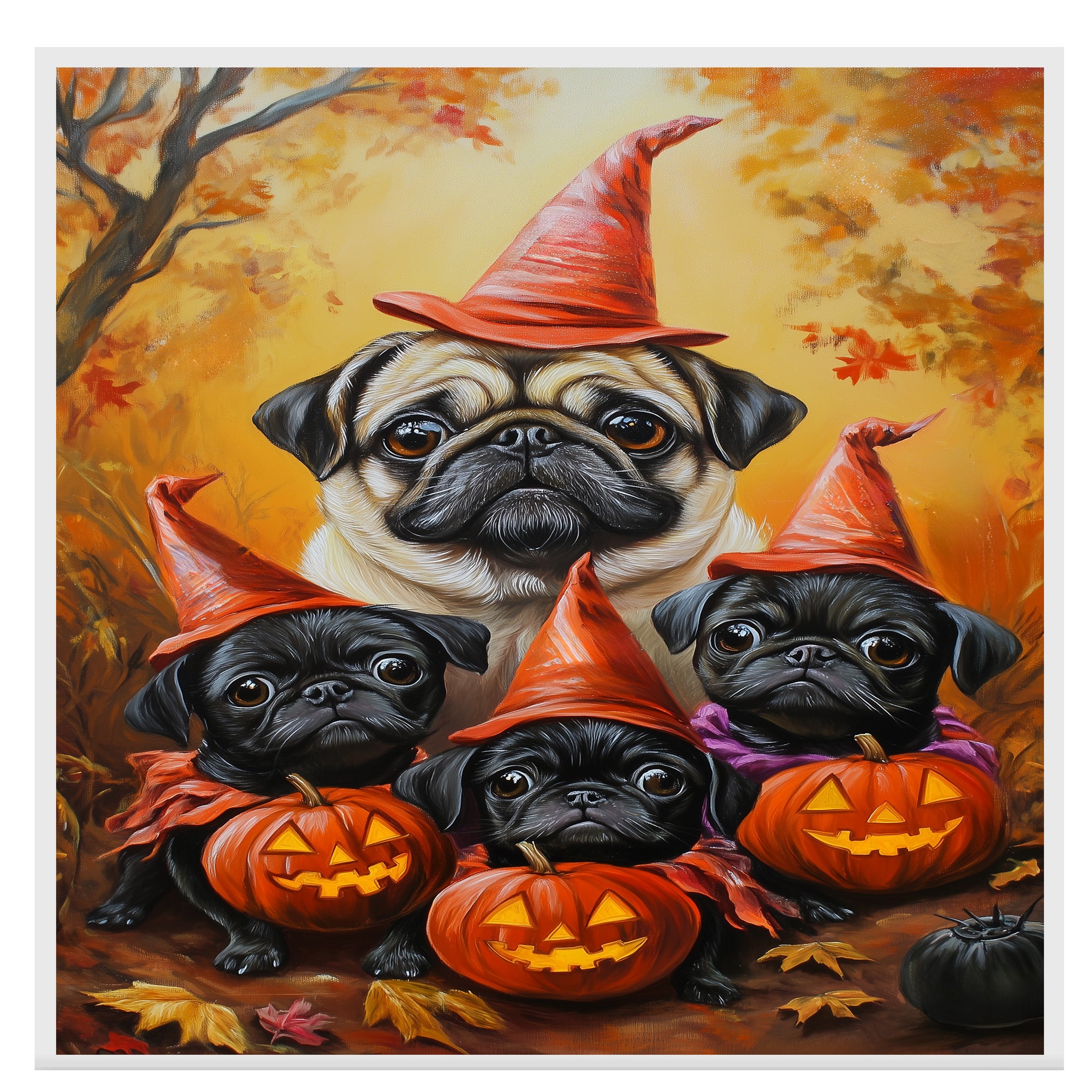 Rustic Pug Dog Halloween Canvas Wall Art with Pumpkins and Fall Lights Cozy Autumn Farmhouse Decor for Pet Lovers and Dog Moms on Ready to Hang 1.5" Thick Canvas Wrap, Floating Framed Canvas, Flat Rolled Canvas