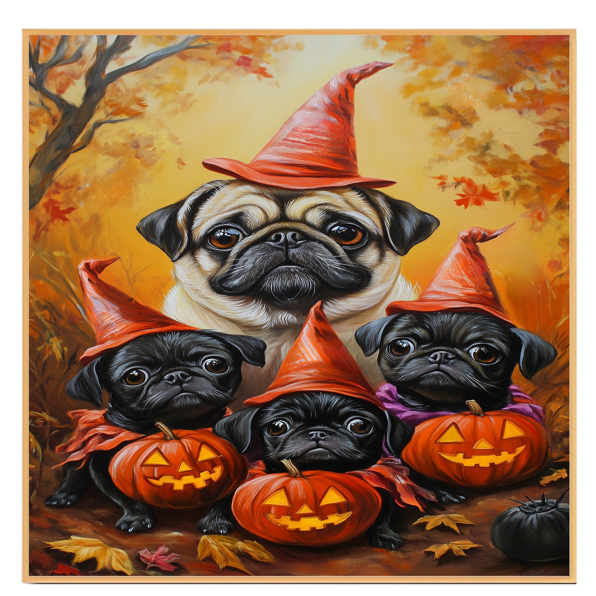 Rustic Pug Dog Halloween Canvas Wall Art with Pumpkins and Fall Lights Cozy Autumn Farmhouse Decor for Pet Lovers and Dog Moms on Ready to Hang 1.5" Thick Canvas Wrap, Floating Framed Canvas, Flat Rolled Canvas
