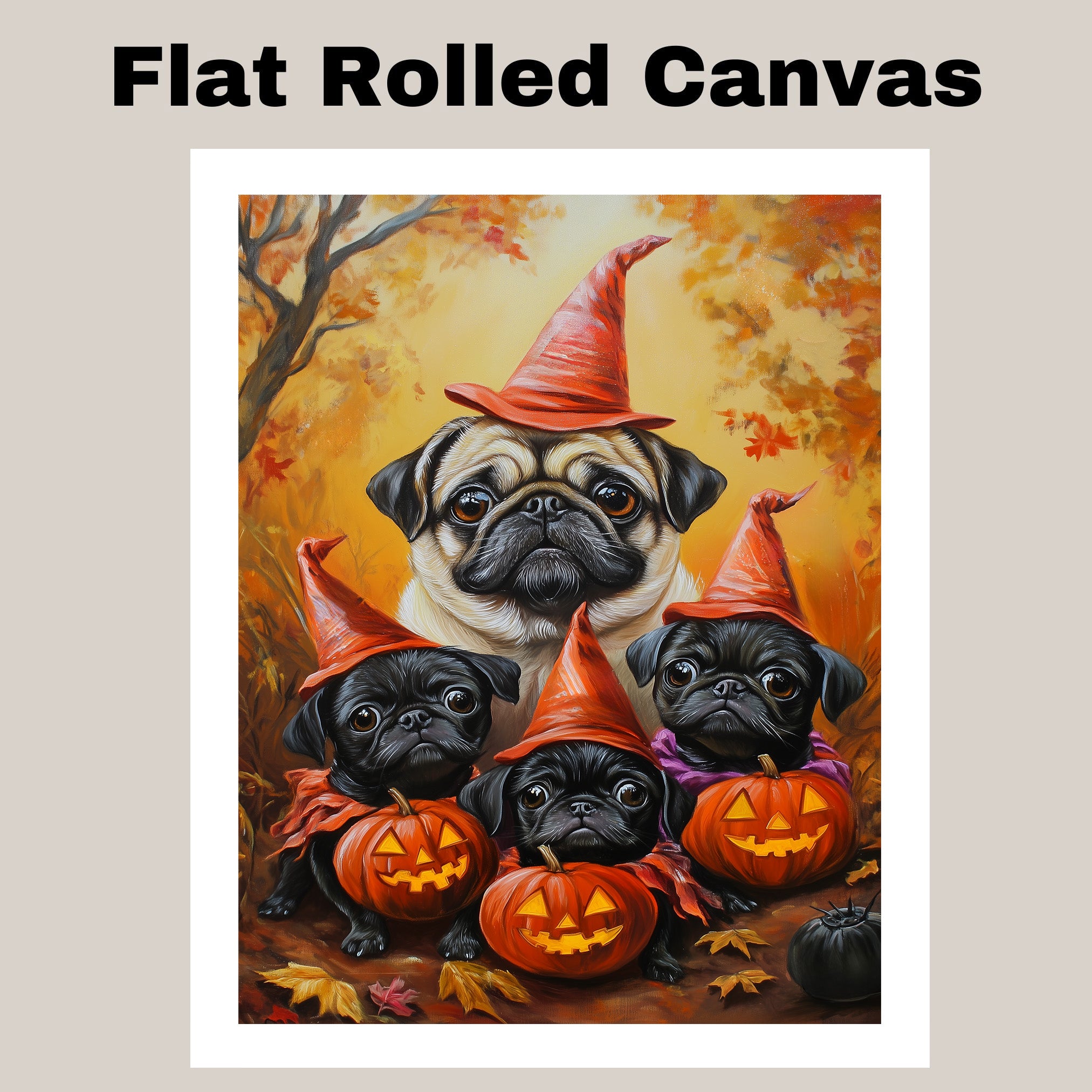 Rustic Pug Dog Halloween Canvas Wall Art with Pumpkins and Fall Lights Cozy Autumn Farmhouse Decor for Pet Lovers and Dog Moms on Ready to Hang 1.5" Thick Canvas Wrap, Floating Framed Canvas, Flat Rolled Canvas