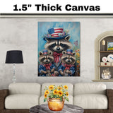 Patriotic Raccoon Family in American Flag Outfits and Hats with Flowers and Flags for Fourth of July Celebration on Ready to Hang 1.5" Thick Canvas Wrap, Floating Framed Canvas, Flat Rolled Canvas