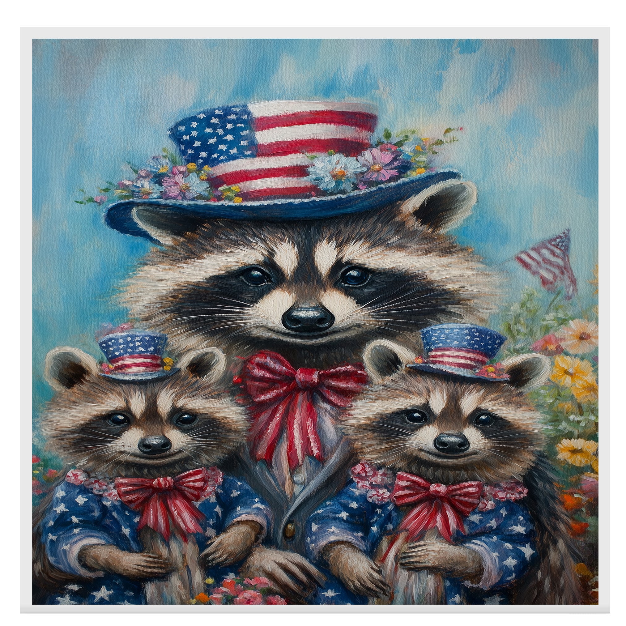 Patriotic Raccoon Family in American Flag Outfits and Hats with Flowers and Flags for Fourth of July Celebration on Ready to Hang 1.5" Thick Canvas Wrap, Floating Framed Canvas, Flat Rolled Canvas