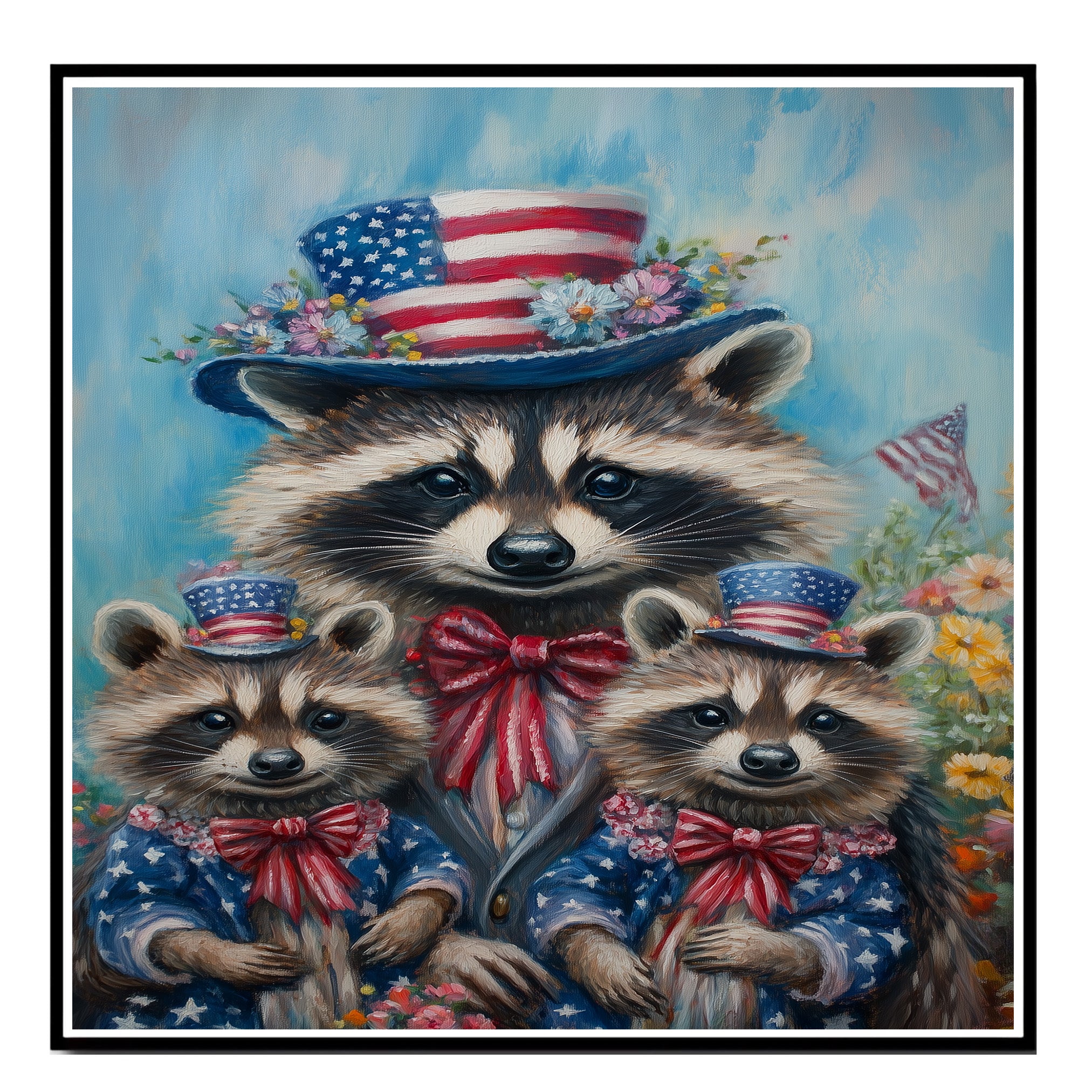 Patriotic Raccoon Family in American Flag Outfits and Hats with Flowers and Flags for Fourth of July Celebration on Ready to Hang 1.5" Thick Canvas Wrap, Floating Framed Canvas, Flat Rolled Canvas