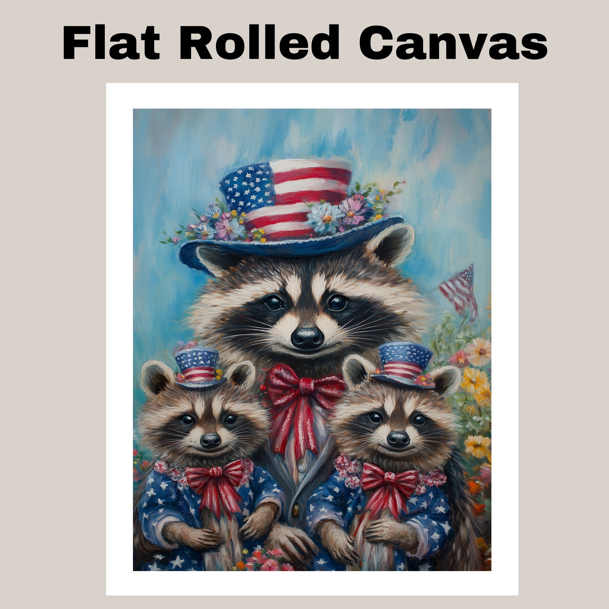 Patriotic Raccoon Family in American Flag Outfits and Hats with Flowers and Flags for Fourth of July Celebration on Ready to Hang 1.5" Thick Canvas Wrap, Floating Framed Canvas, Flat Rolled Canvas