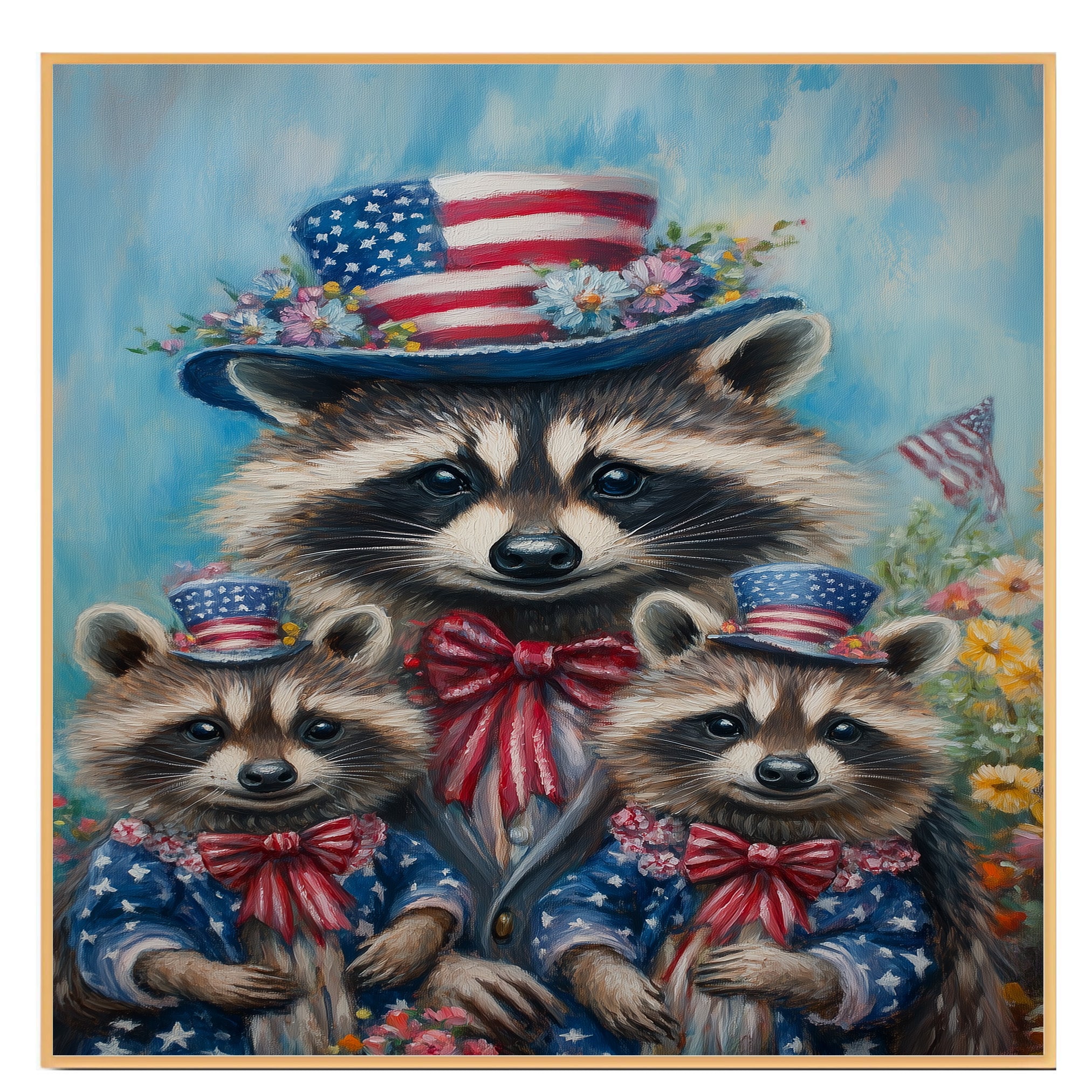 Patriotic Raccoon Family in American Flag Outfits and Hats with Flowers and Flags for Fourth of July Celebration on Ready to Hang 1.5" Thick Canvas Wrap, Floating Framed Canvas, Flat Rolled Canvas