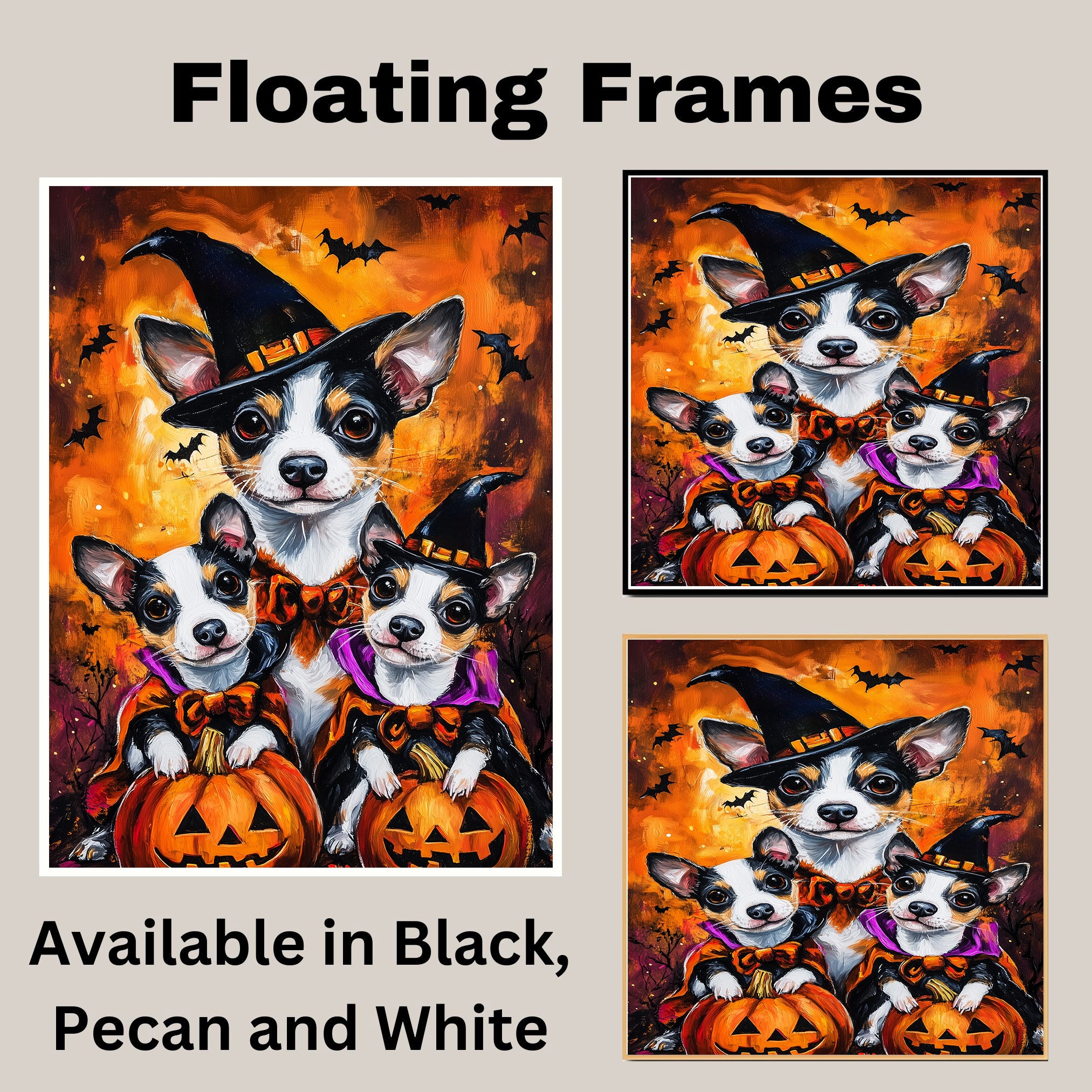 Rat Terrier Dog Halloween Canvas Wall Art with Pumpkins and Bats Rustic Fall Farmhouse Decor for Cozy Autumn Homes on Ready to Hang 1.5" Thick Canvas Wrap, Floating Framed Canvas, Flat Rolled Canvas