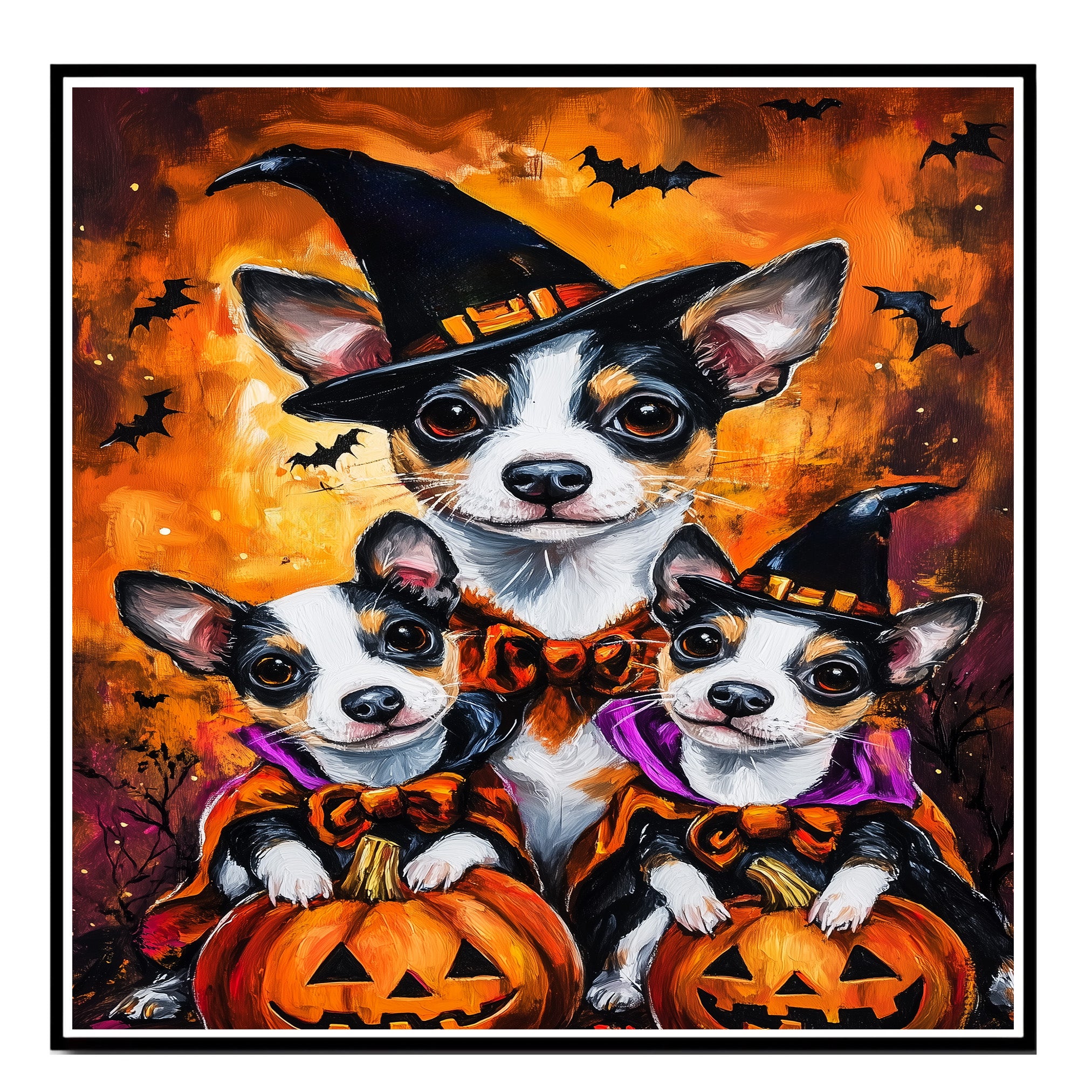 Rat Terrier Dog Halloween Canvas Wall Art with Pumpkins and Bats Rustic Fall Farmhouse Decor for Cozy Autumn Homes on Ready to Hang 1.5" Thick Canvas Wrap, Floating Framed Canvas, Flat Rolled Canvas