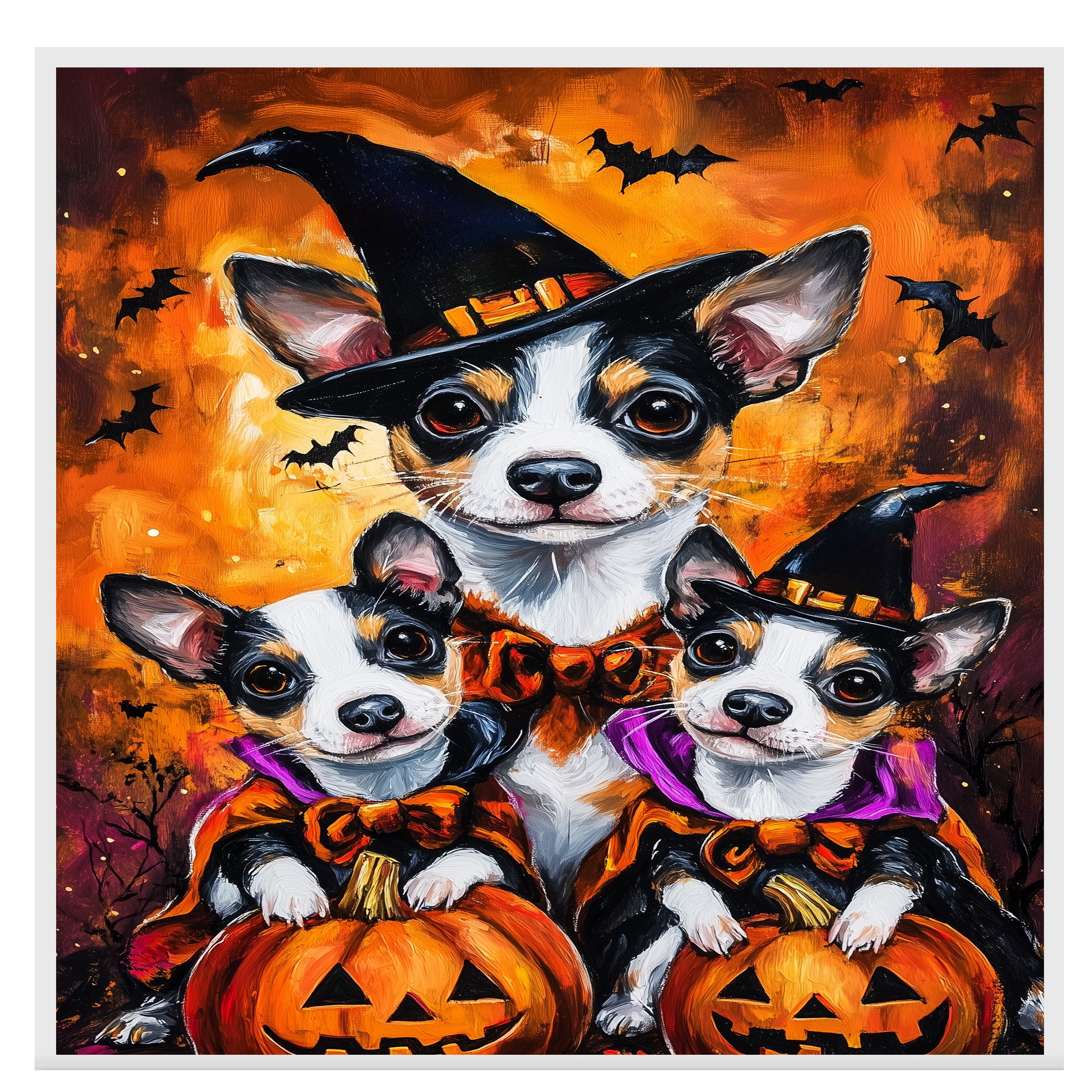 Rat Terrier Dog Halloween Canvas Wall Art with Pumpkins and Bats Rustic Fall Farmhouse Decor for Cozy Autumn Homes on Ready to Hang 1.5" Thick Canvas Wrap, Floating Framed Canvas, Flat Rolled Canvas