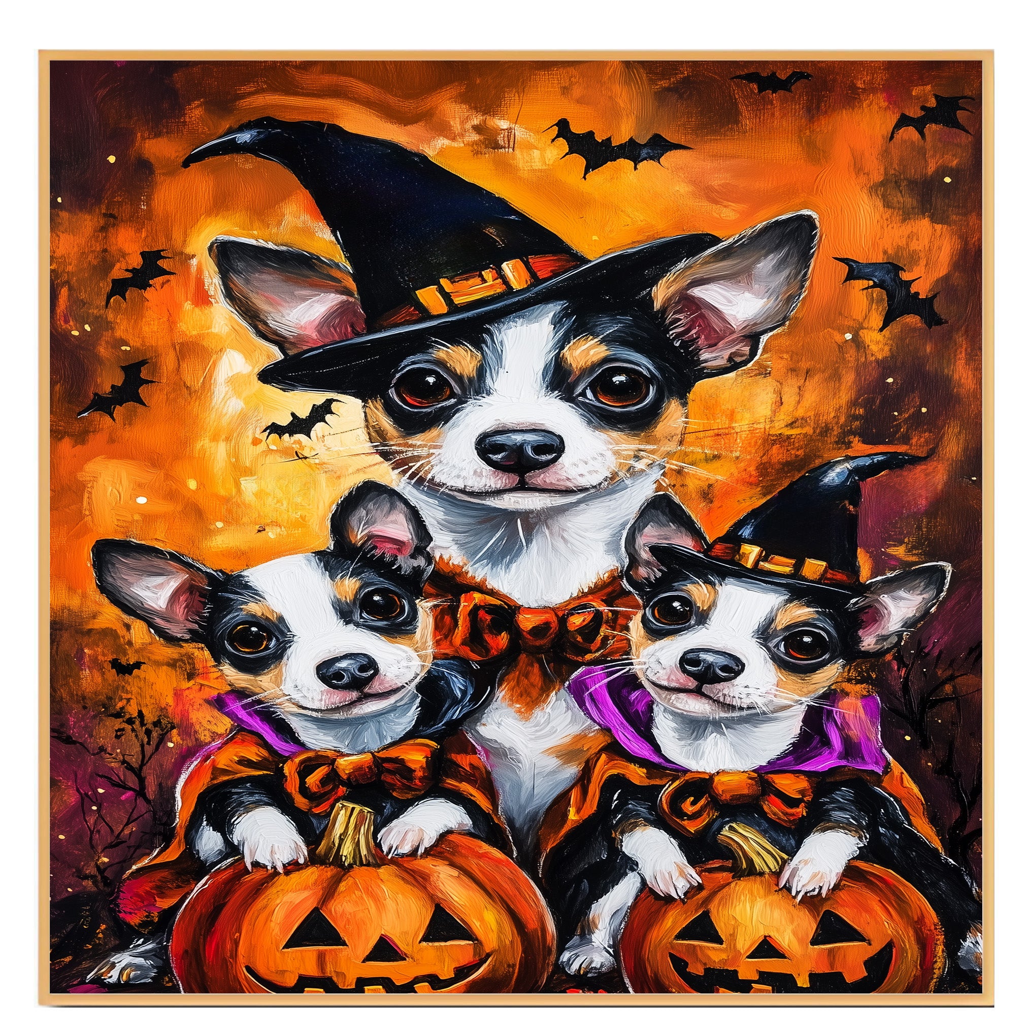 Rat Terrier Dog Halloween Canvas Wall Art with Pumpkins and Bats Rustic Fall Farmhouse Decor for Cozy Autumn Homes on Ready to Hang 1.5" Thick Canvas Wrap, Floating Framed Canvas, Flat Rolled Canvas