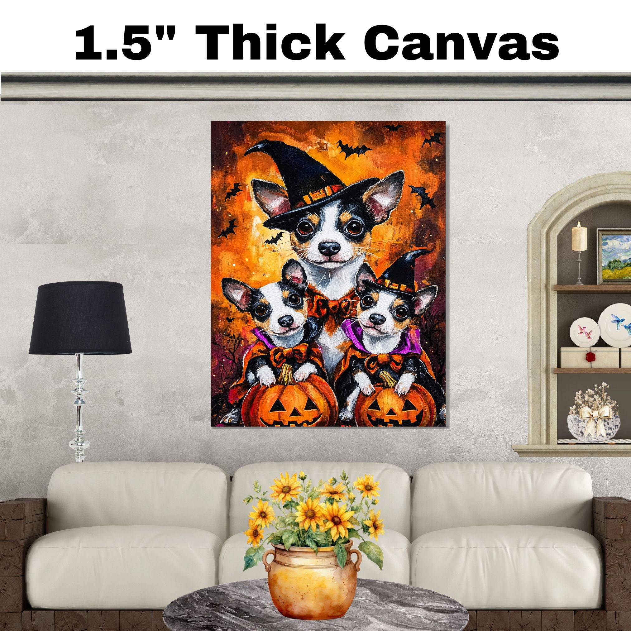 Rat Terrier Dog Halloween Canvas Wall Art with Pumpkins and Bats Rustic Fall Farmhouse Decor for Cozy Autumn Homes on Ready to Hang 1.5" Thick Canvas Wrap, Floating Framed Canvas, Flat Rolled Canvas