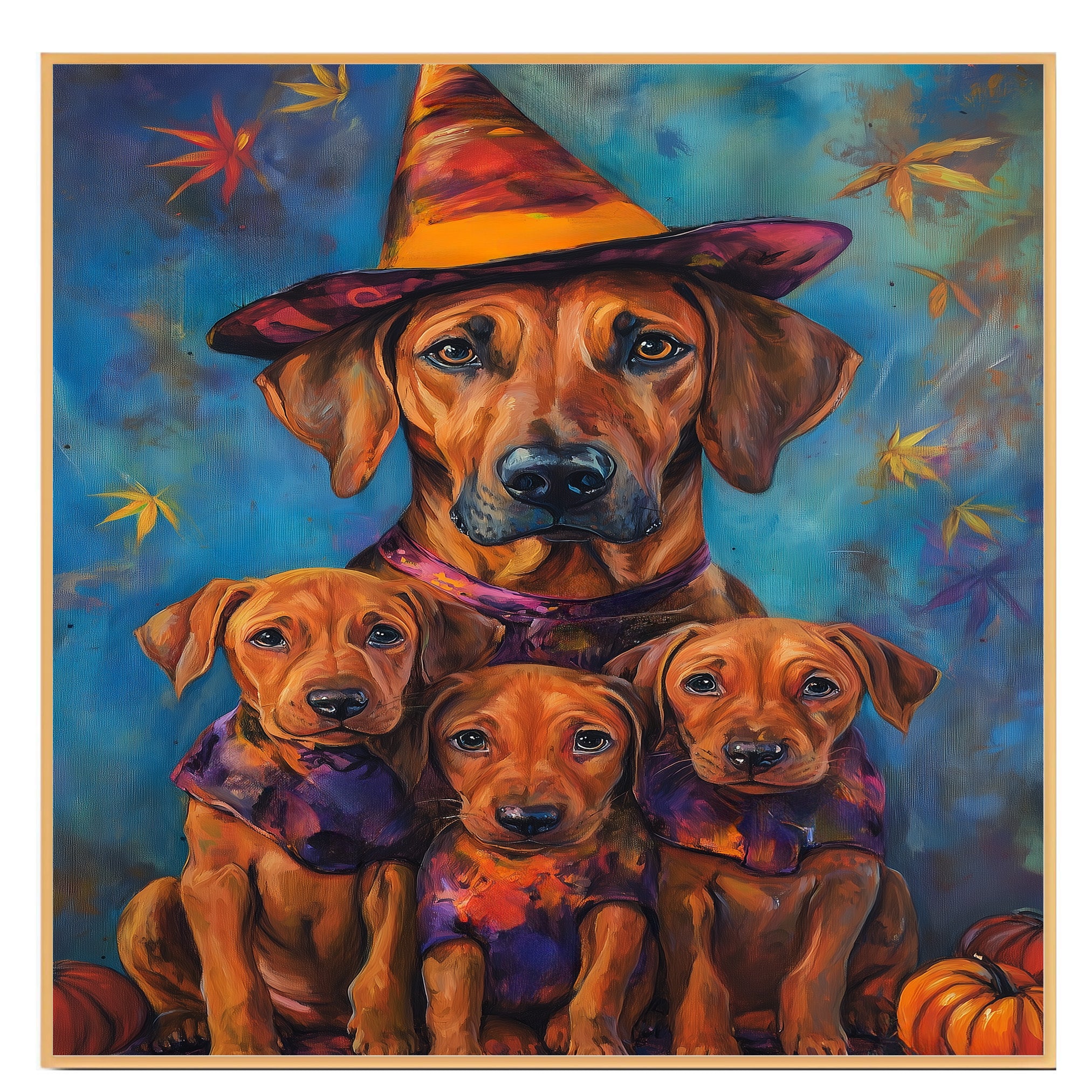Rhodesian Ridgeback Halloween Wall Art Canvas with Pumpkins Fall Farmhouse Dog Decor for Living Room Autumn and Thanksgiving Gift on Ready to Hang 1.5" Thick Canvas Wrap, Floating Framed Canvas, Flat Rolled Canvas