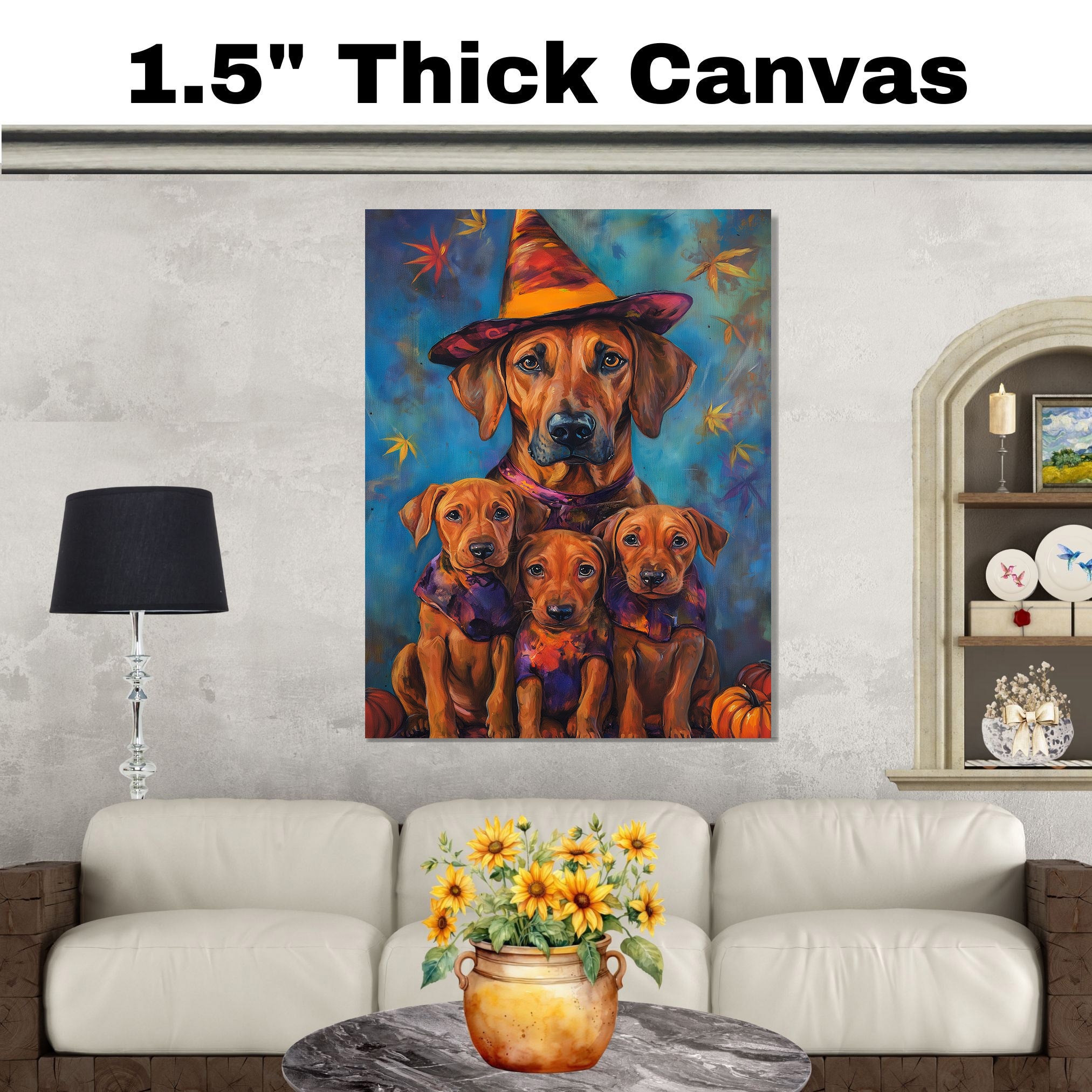 Rhodesian Ridgeback Halloween Wall Art Canvas with Pumpkins Fall Farmhouse Dog Decor for Living Room Autumn and Thanksgiving Gift on Ready to Hang 1.5" Thick Canvas Wrap, Floating Framed Canvas, Flat Rolled Canvas