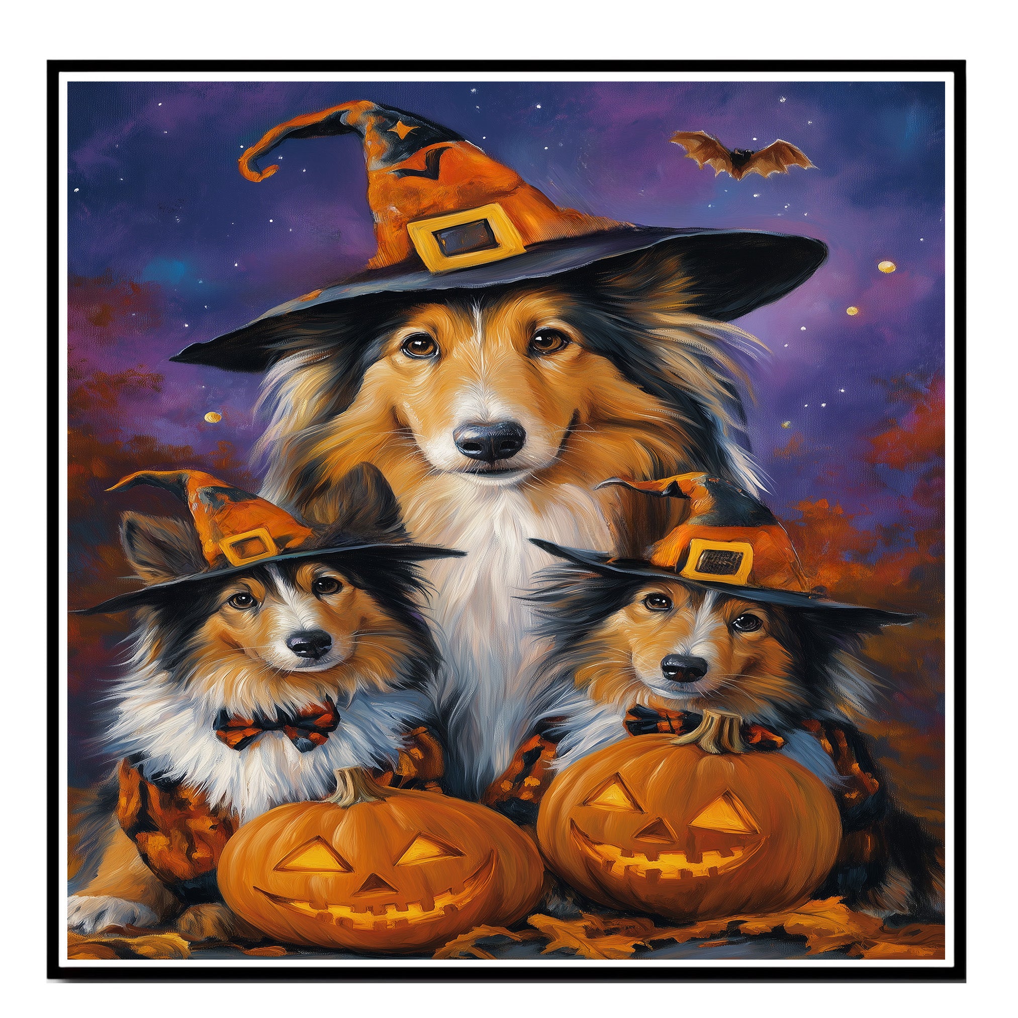 Rustic Rough Collie Dog Halloween Wall Art Canvas with Pumpkins Witch Hat and Fall Leaves Autumn Farmhouse Pet Decor for Home and Dog Lovers on Ready to Hang 1.5" Thick Canvas Wrap, Floating Framed Canvas, Flat Rolled Canvas