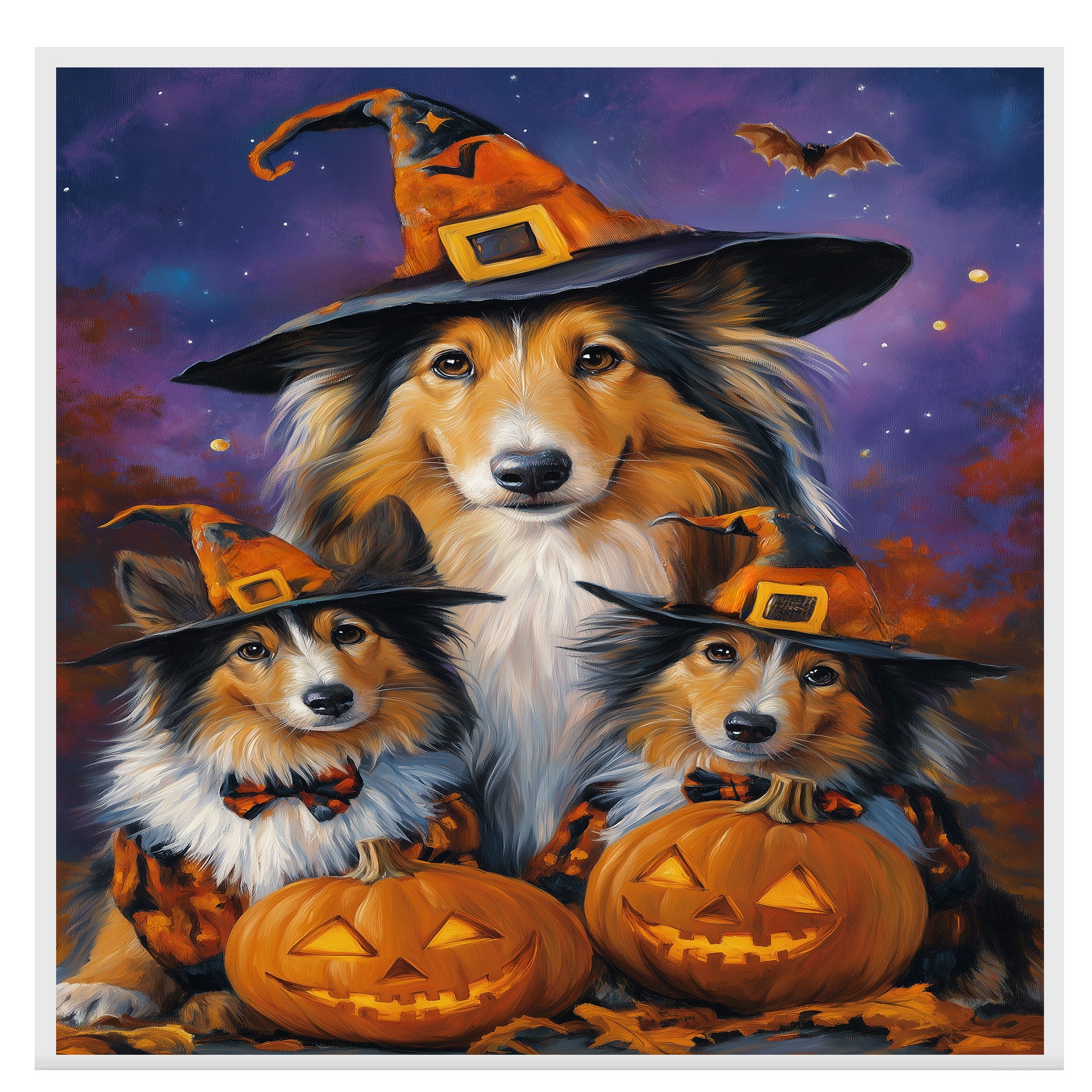 Rustic Rough Collie Dog Halloween Wall Art Canvas with Pumpkins Witch Hat and Fall Leaves Autumn Farmhouse Pet Decor for Home and Dog Lovers on Ready to Hang 1.5" Thick Canvas Wrap, Floating Framed Canvas, Flat Rolled Canvas