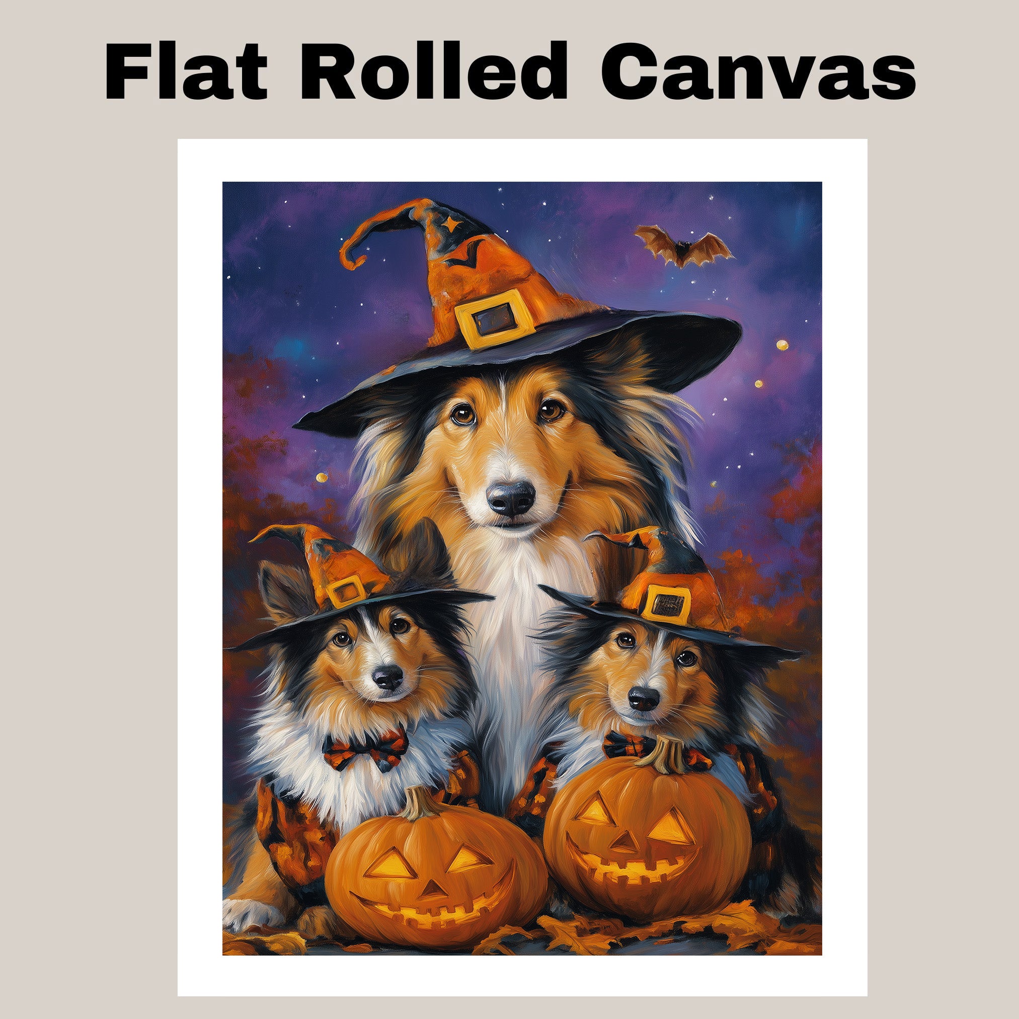 Rustic Rough Collie Dog Halloween Wall Art Canvas with Pumpkins Witch Hat and Fall Leaves Autumn Farmhouse Pet Decor for Home and Dog Lovers on Ready to Hang 1.5" Thick Canvas Wrap, Floating Framed Canvas, Flat Rolled Canvas